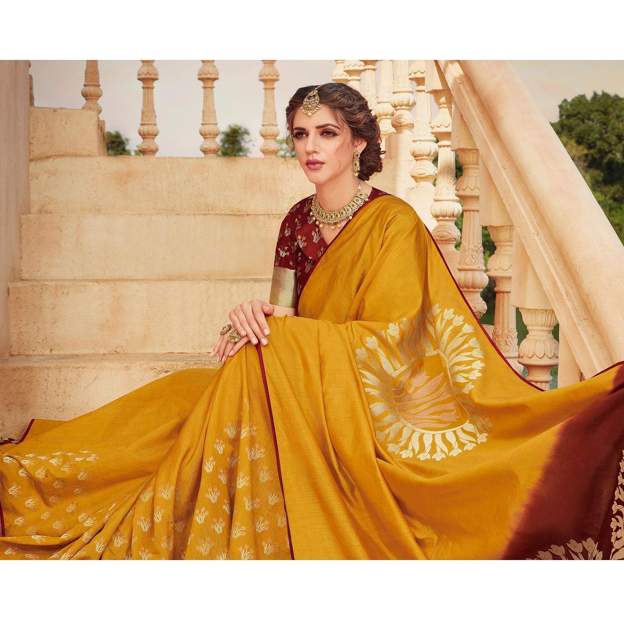 Yellow Festive Wear Woven Silk Saree - Peachmode