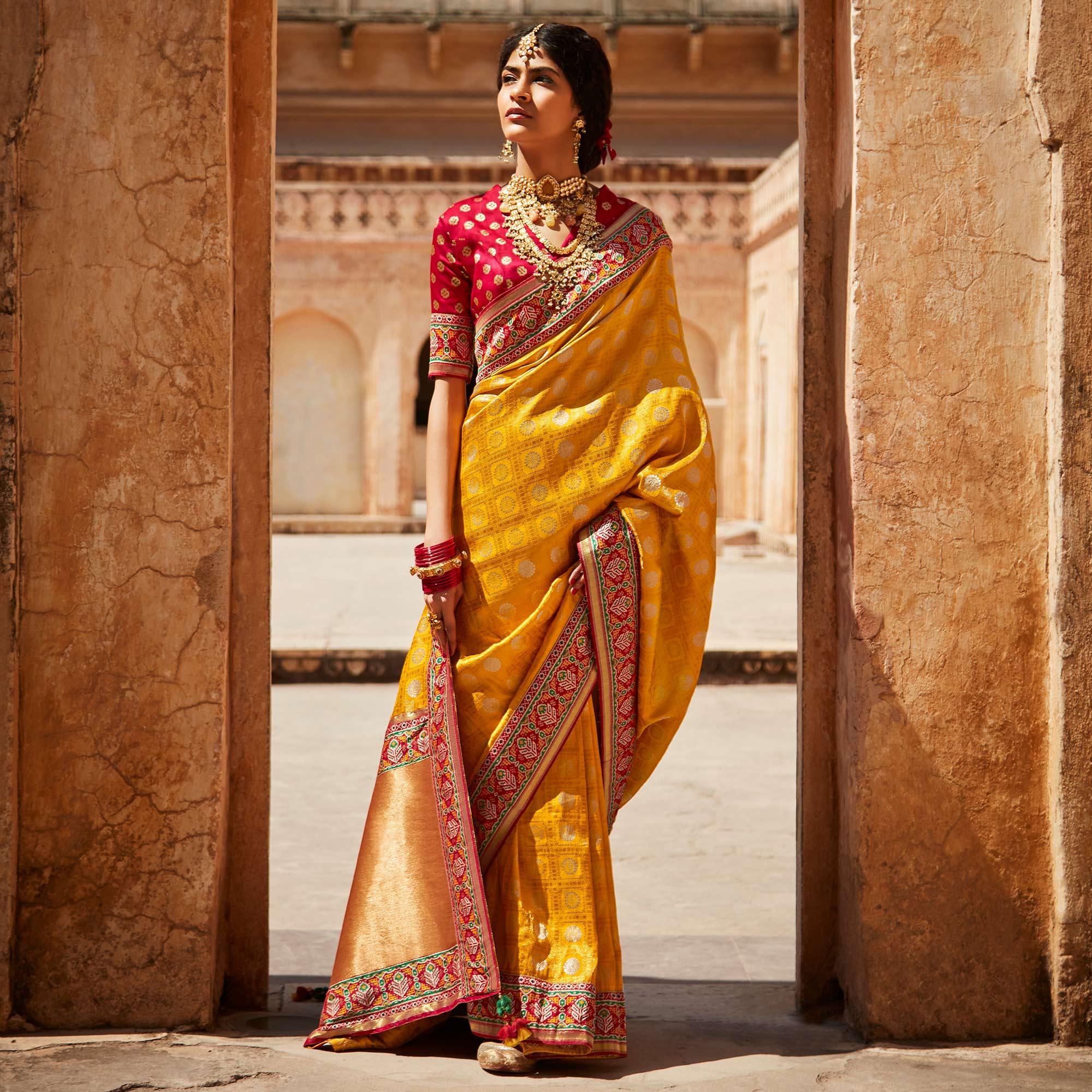 Yellow Festive Wear Woven Silk Saree - Peachmode