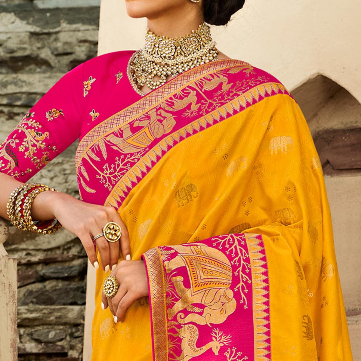 Yellow Festive Wear Woven Silk Saree - Peachmode