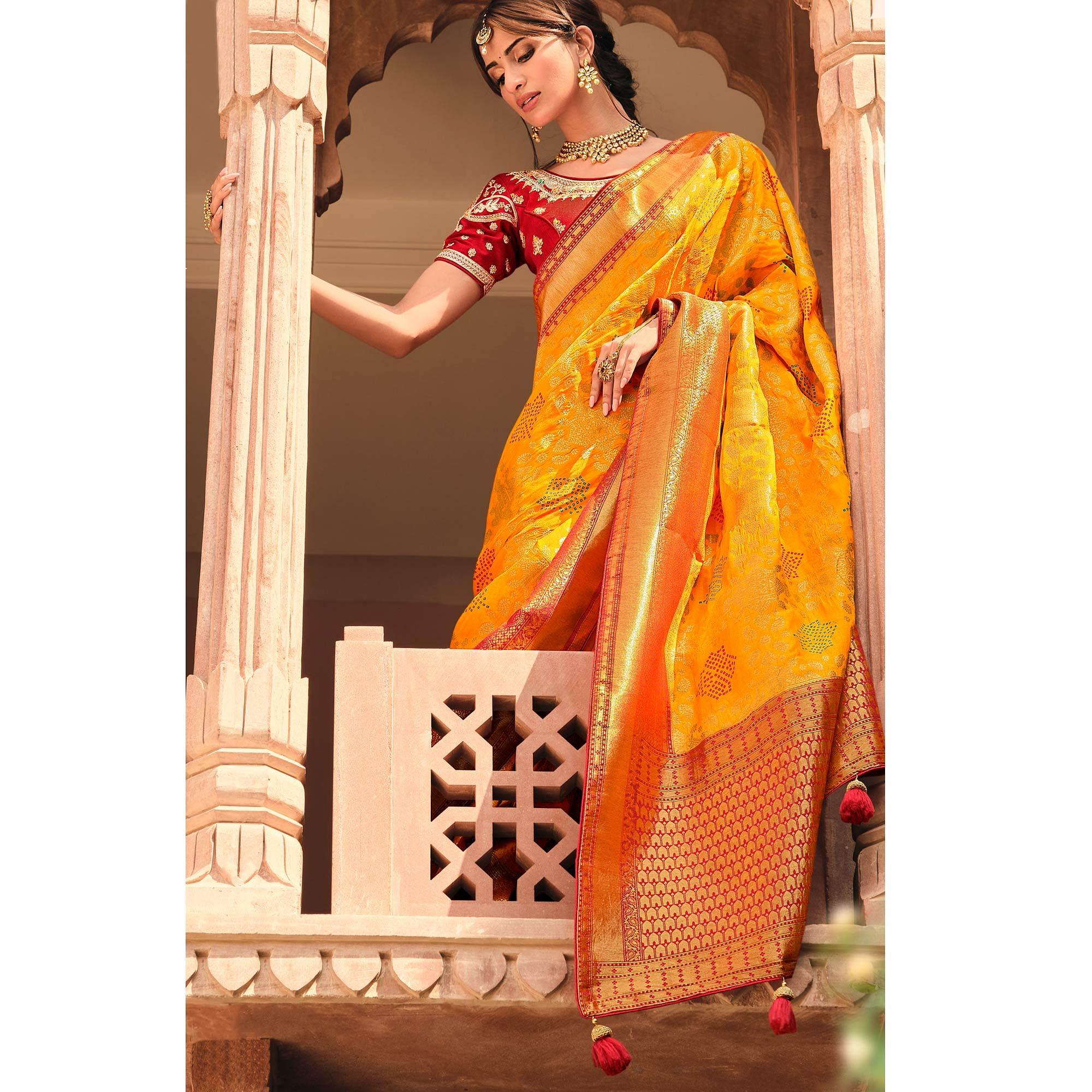Yellow Festive Wear Woven Silk Saree - Peachmode
