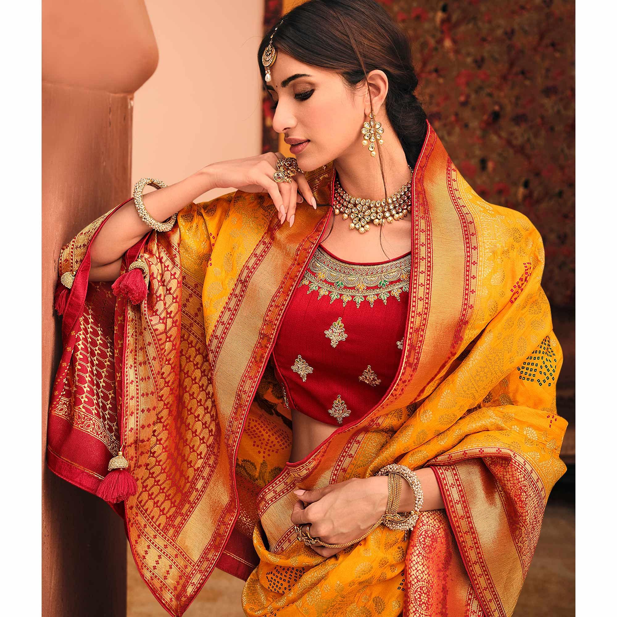 Yellow Festive Wear Woven Silk Saree - Peachmode