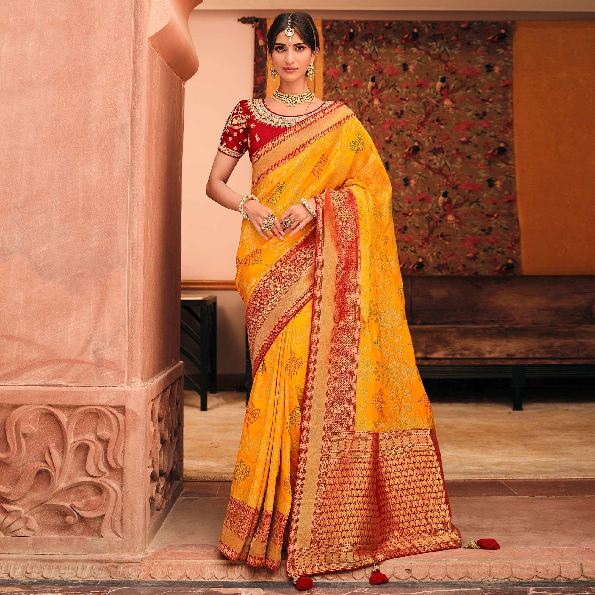 Yellow Festive Wear Woven Silk Saree - Peachmode