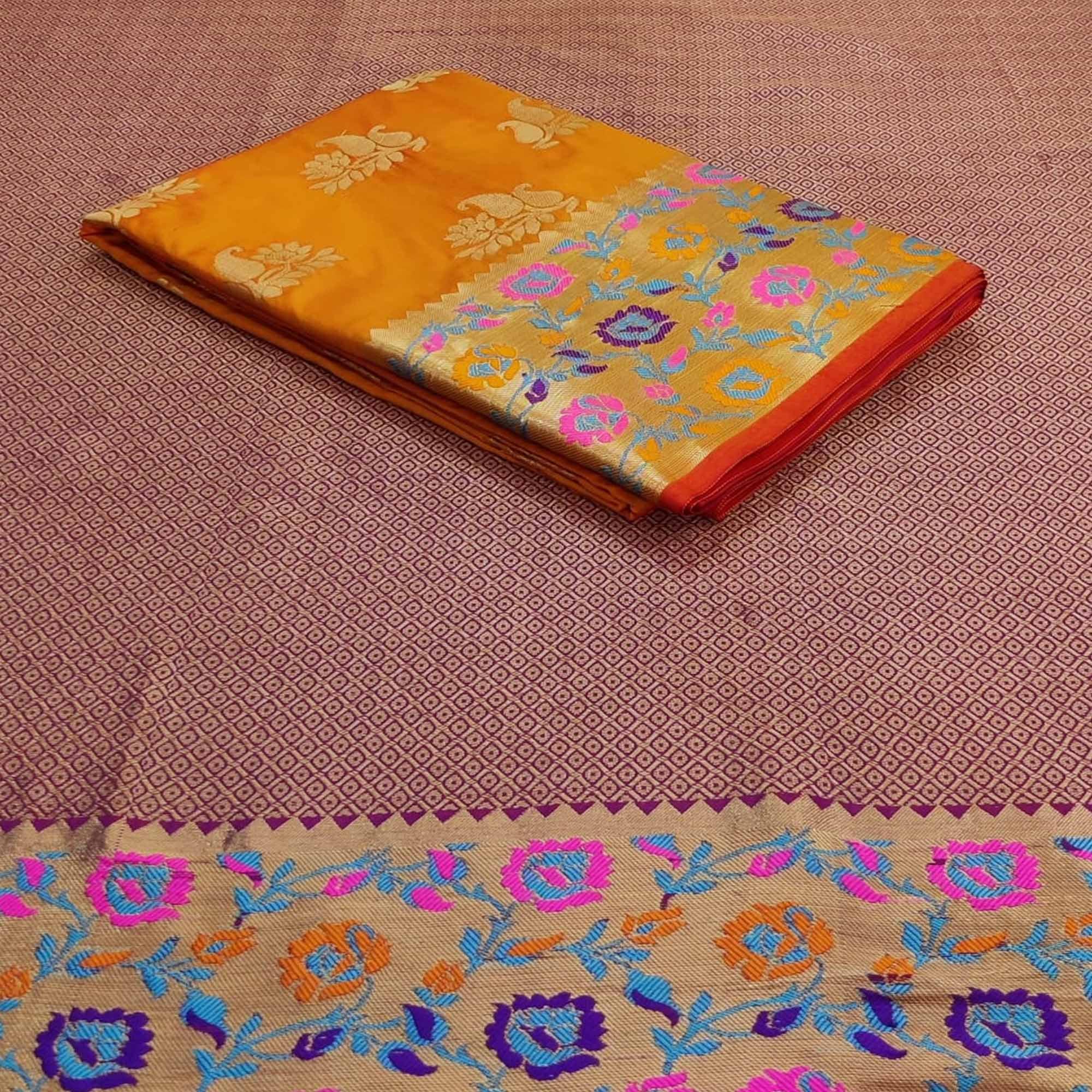 Yellow Festive Wear Woven Silk Saree With Border - Peachmode