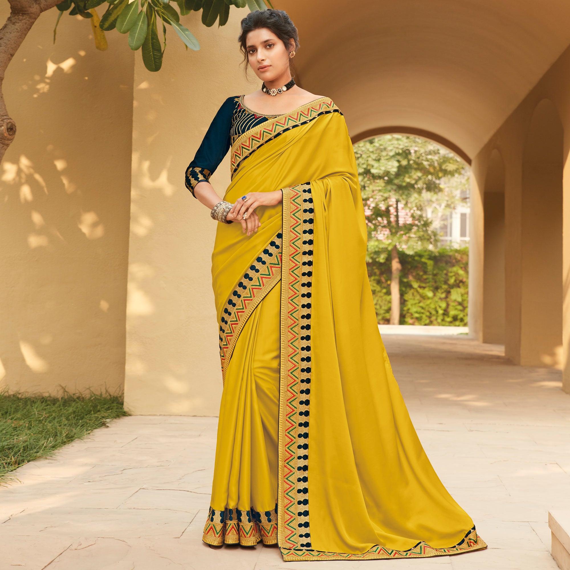 Yellow Festive Wear Woven Silk Saree With Border - Peachmode