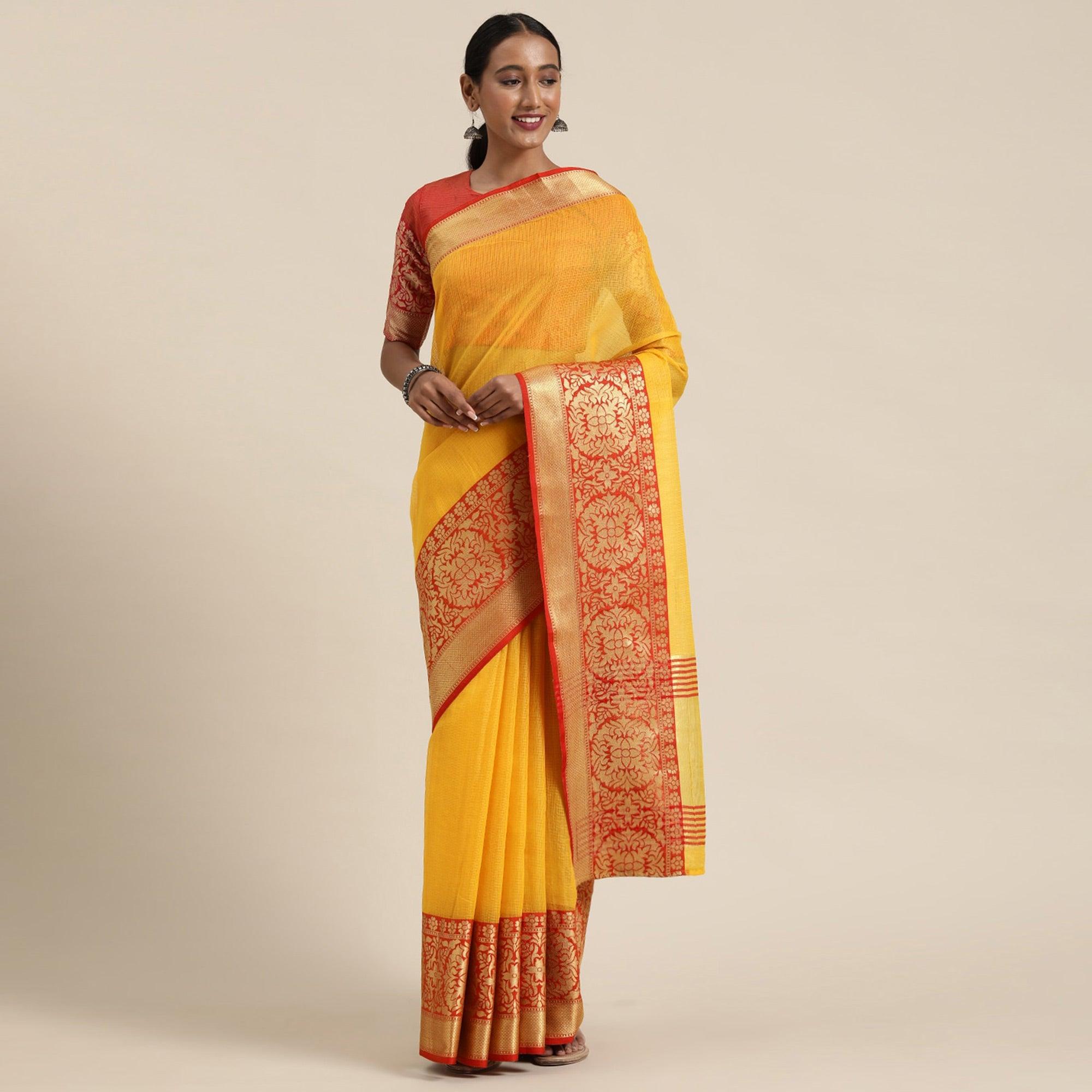 Yellow Festive Wear Woven Silk Saree With Jacquard Border - Peachmode