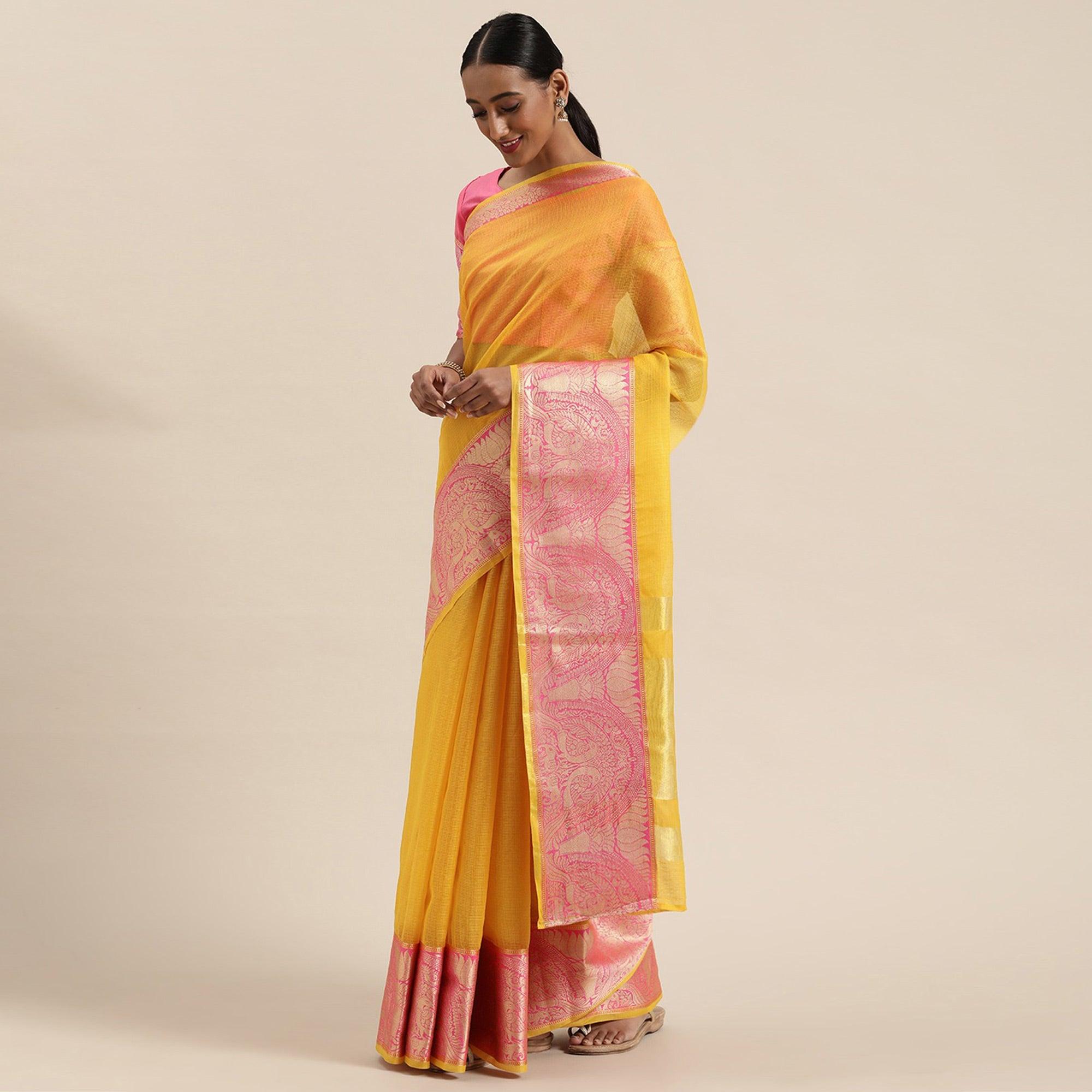 Yellow Festive Wear Woven Silk Saree With Jacquard Border - Peachmode
