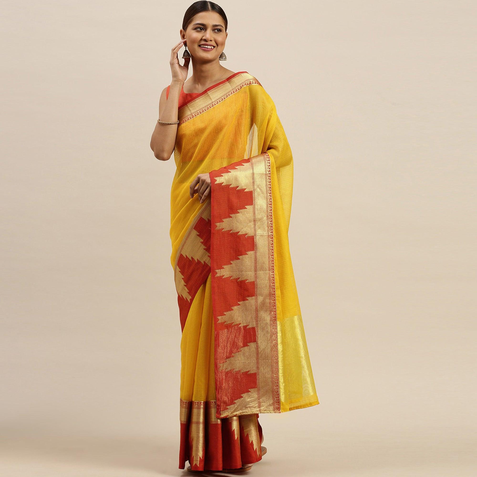 Yellow Festive Wear Woven Silk Saree With Jacquard Border - Peachmode