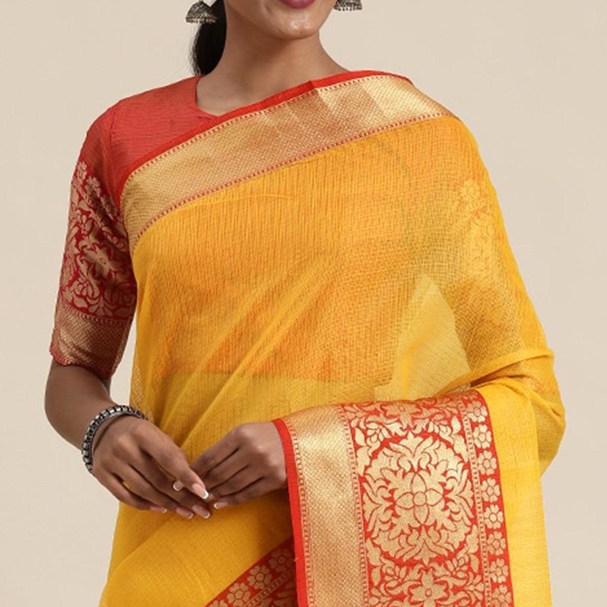 Yellow Festive Wear Woven Silk Saree With Jacquard Border - Peachmode