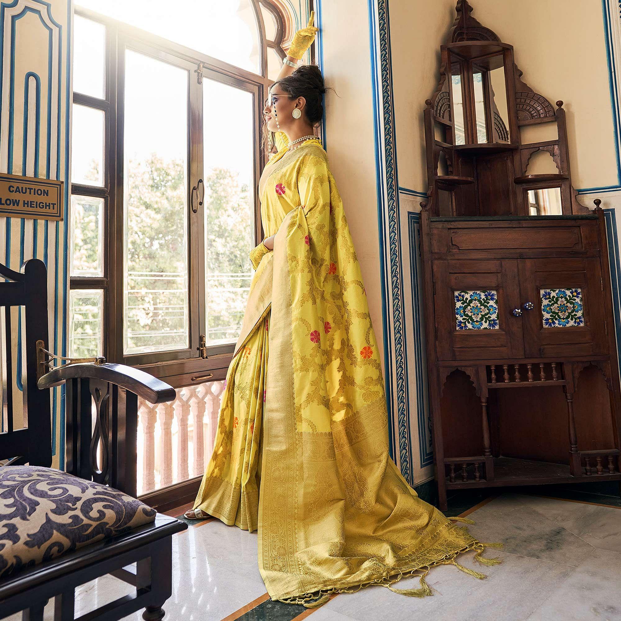 Yellow Festive Wear Woven Silk Saree With Tassels - Peachmode