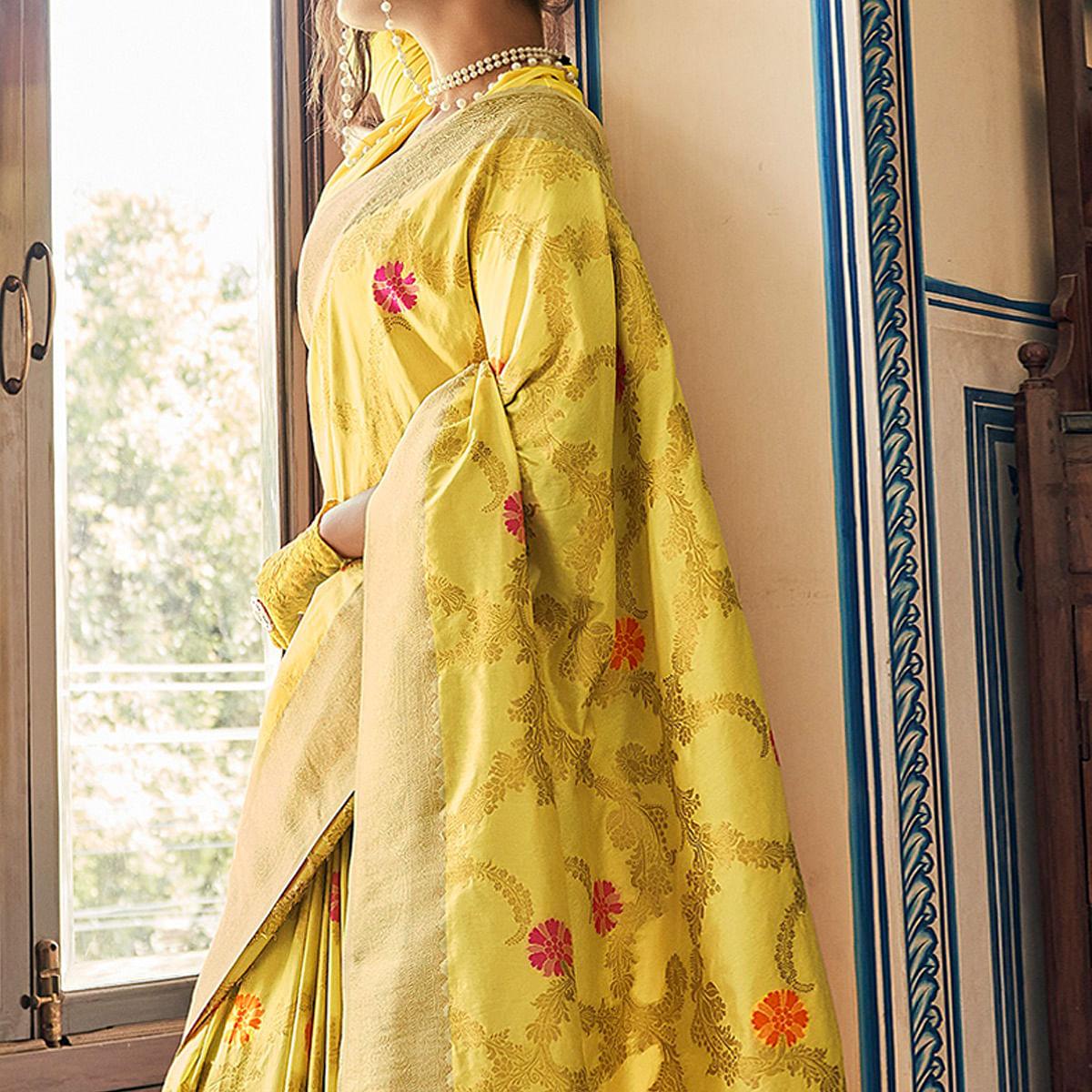 Yellow Festive Wear Woven Silk Saree With Tassels - Peachmode