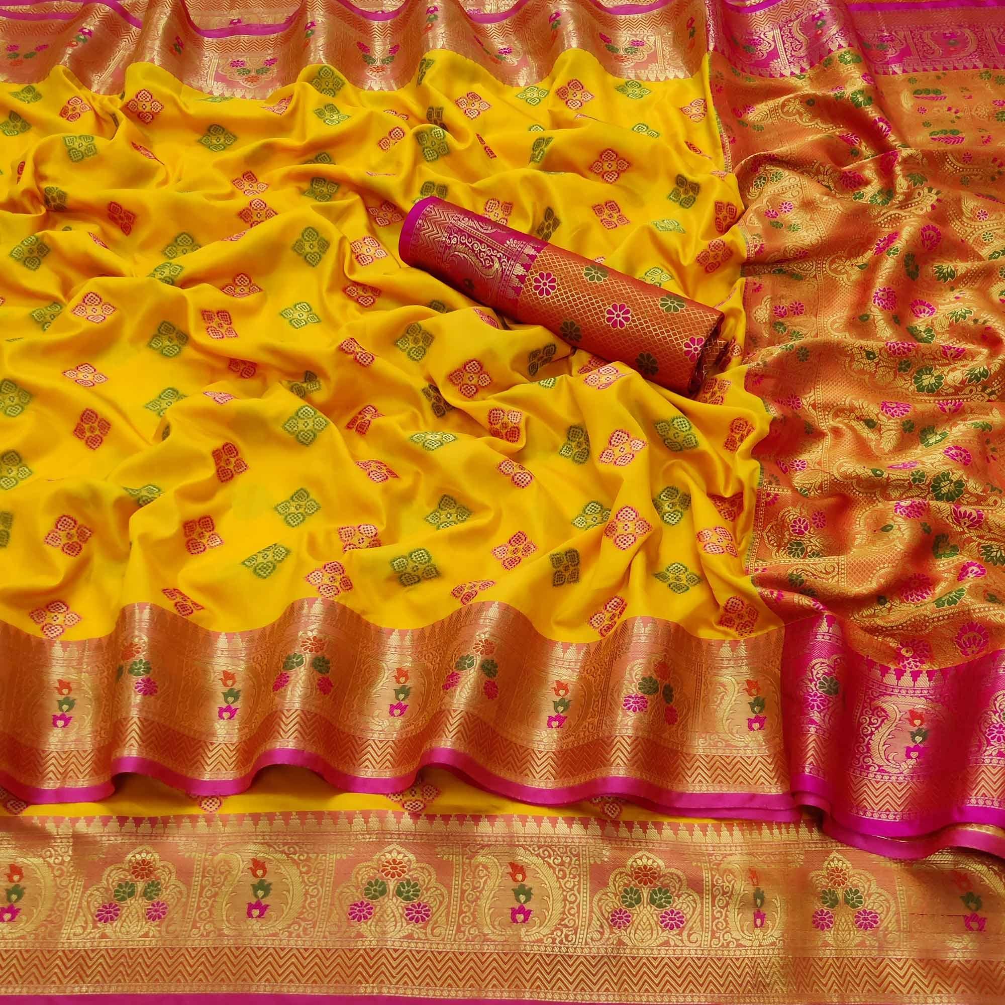 Yellow Festive Wear Woven Soft Banarasi Silk Saree - Peachmode