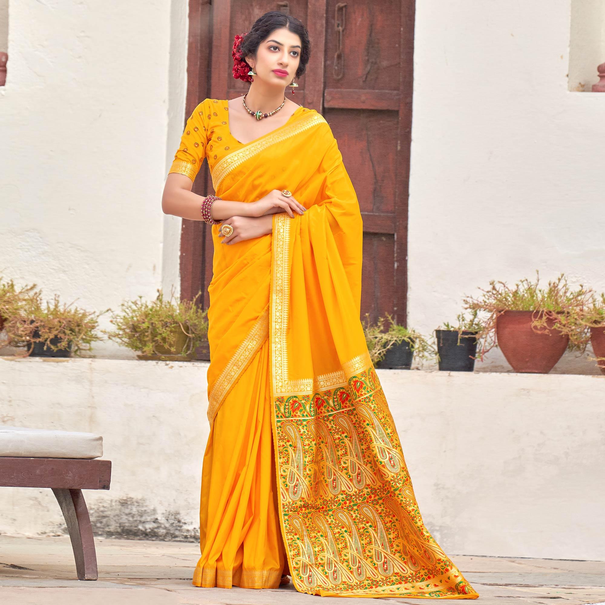 Yellow Festive Wear Woven Soft Banarasi Silk Saree - Peachmode
