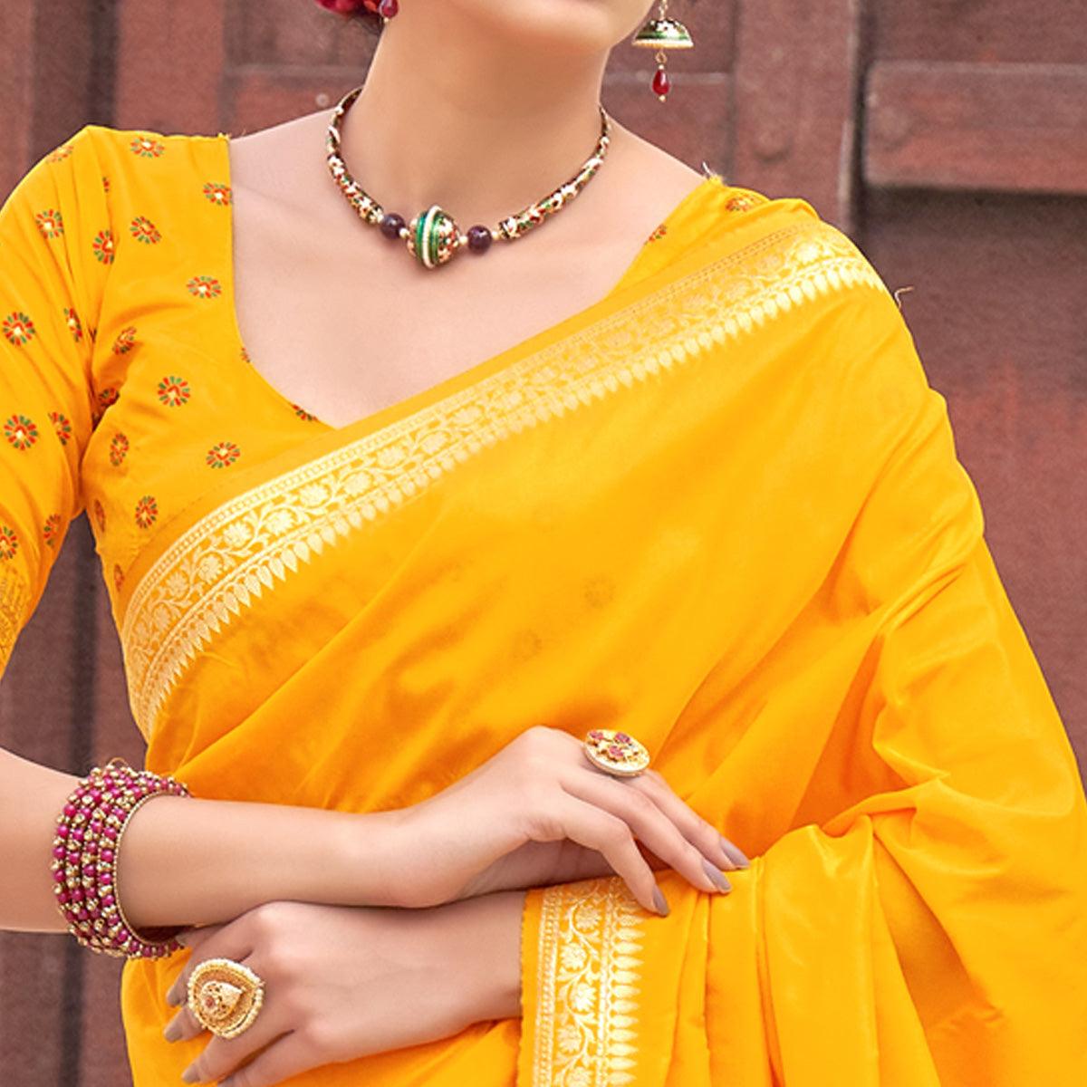 Yellow Festive Wear Woven Soft Banarasi Silk Saree - Peachmode