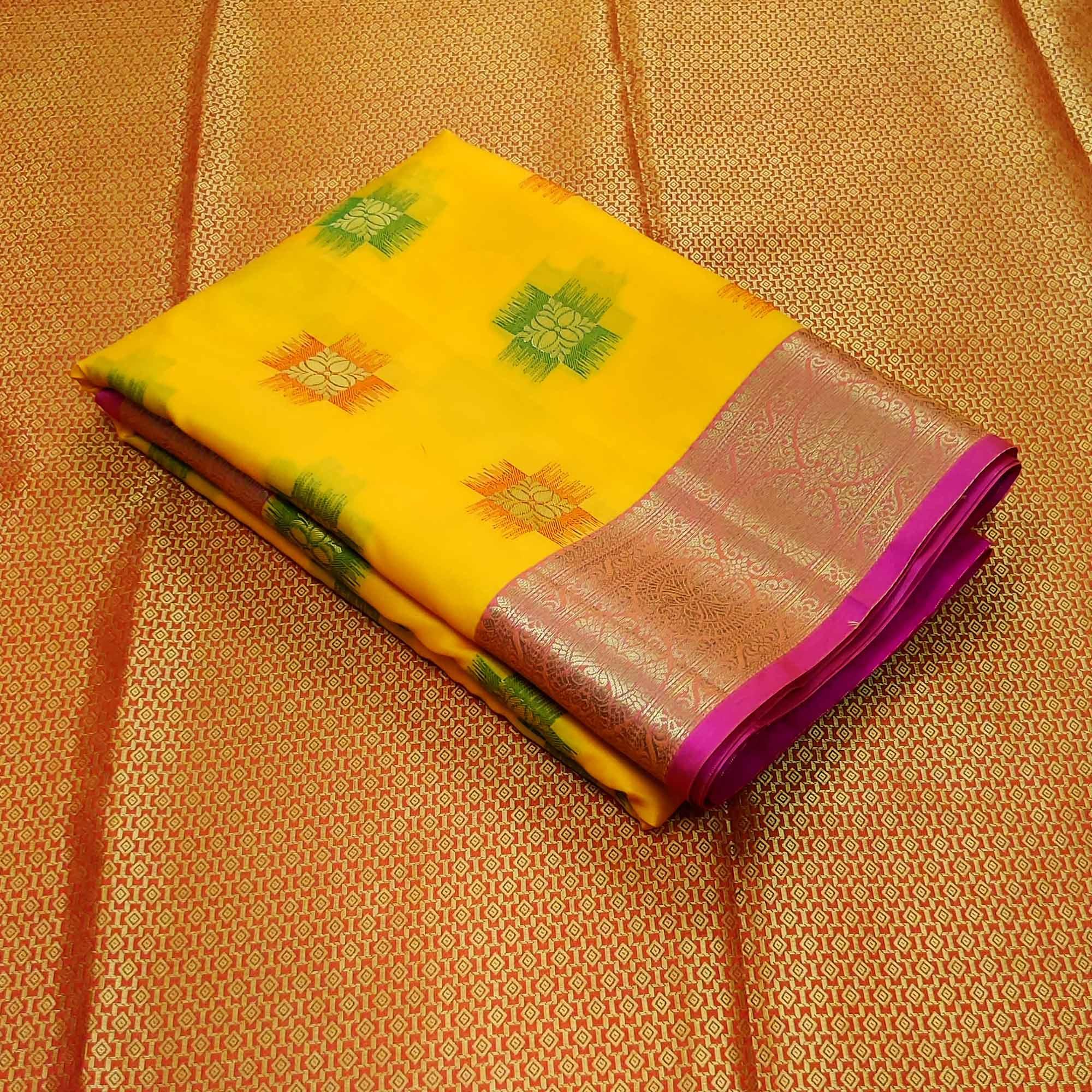 Yellow Festive Wear Woven Soft Banarasi Silk Saree - Peachmode