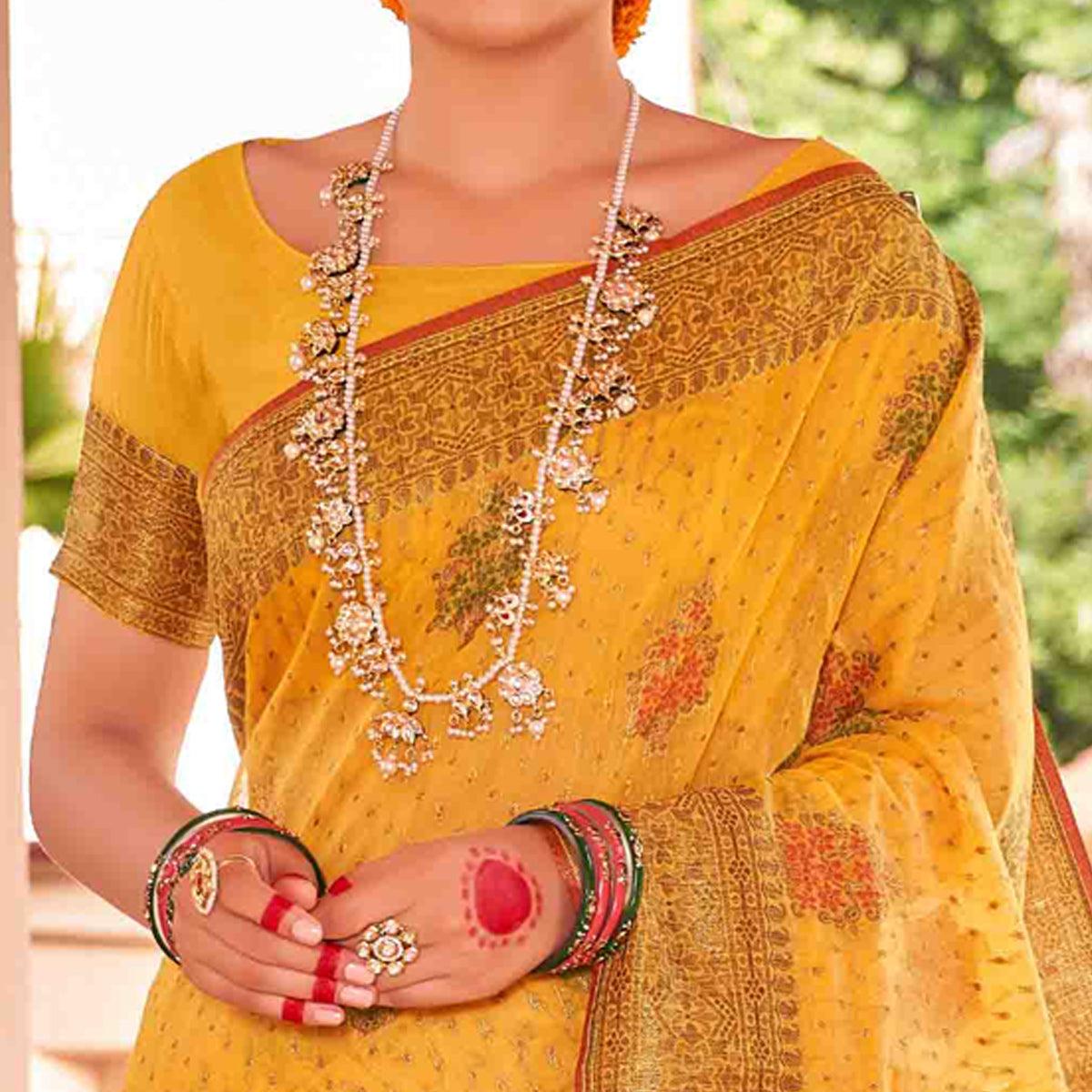 Yellow Festive Wear Woven Soft Cotton Saree - Peachmode