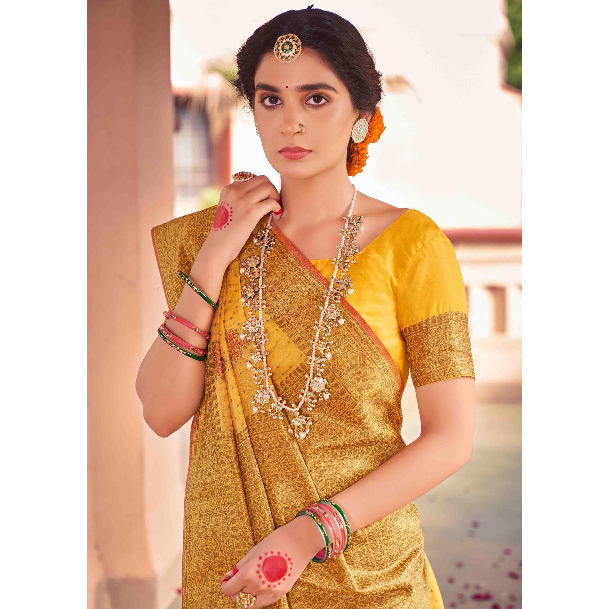 Yellow Festive Wear Woven Soft Cotton Saree - Peachmode