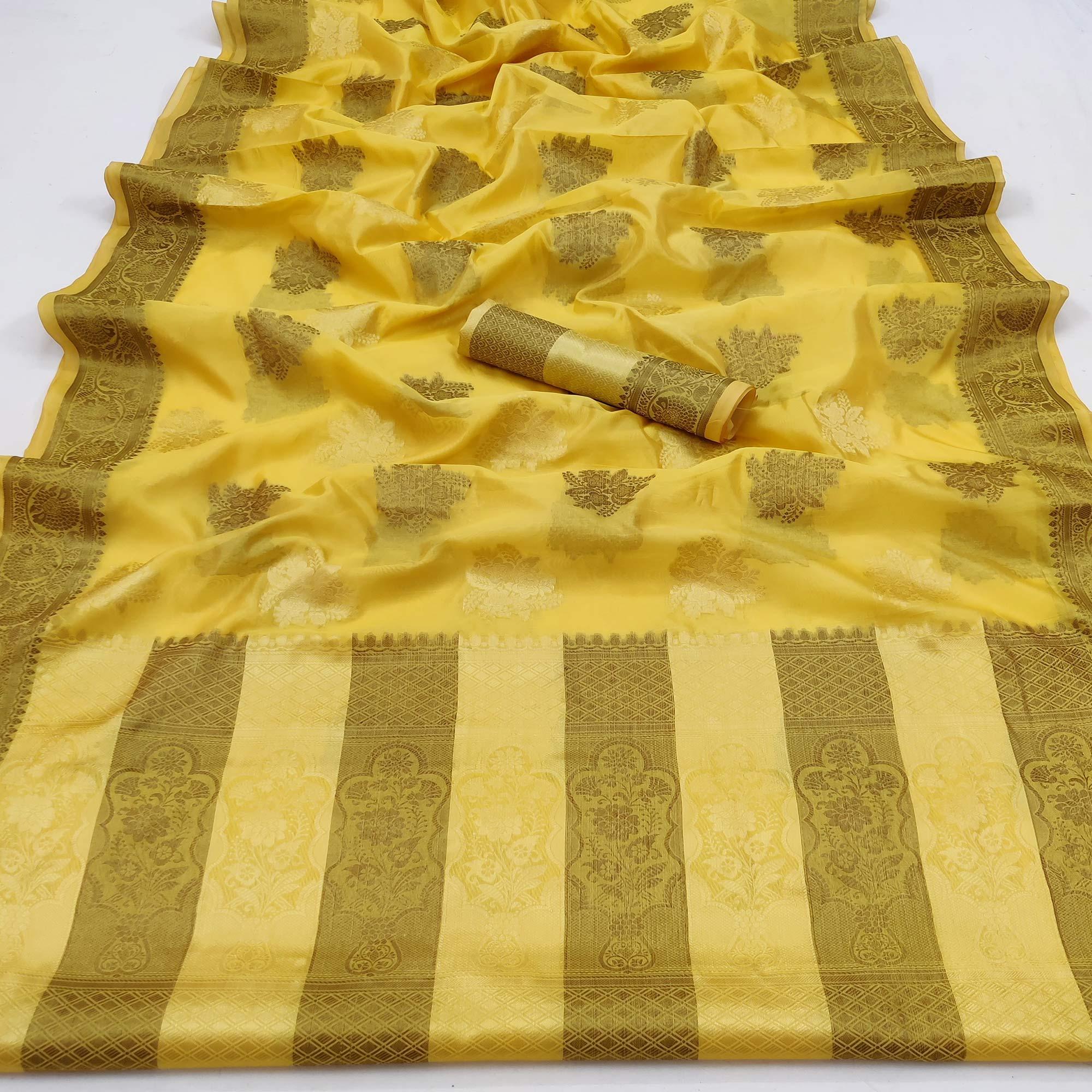 Yellow Festive Wear Woven Soft Organza Saree - Peachmode