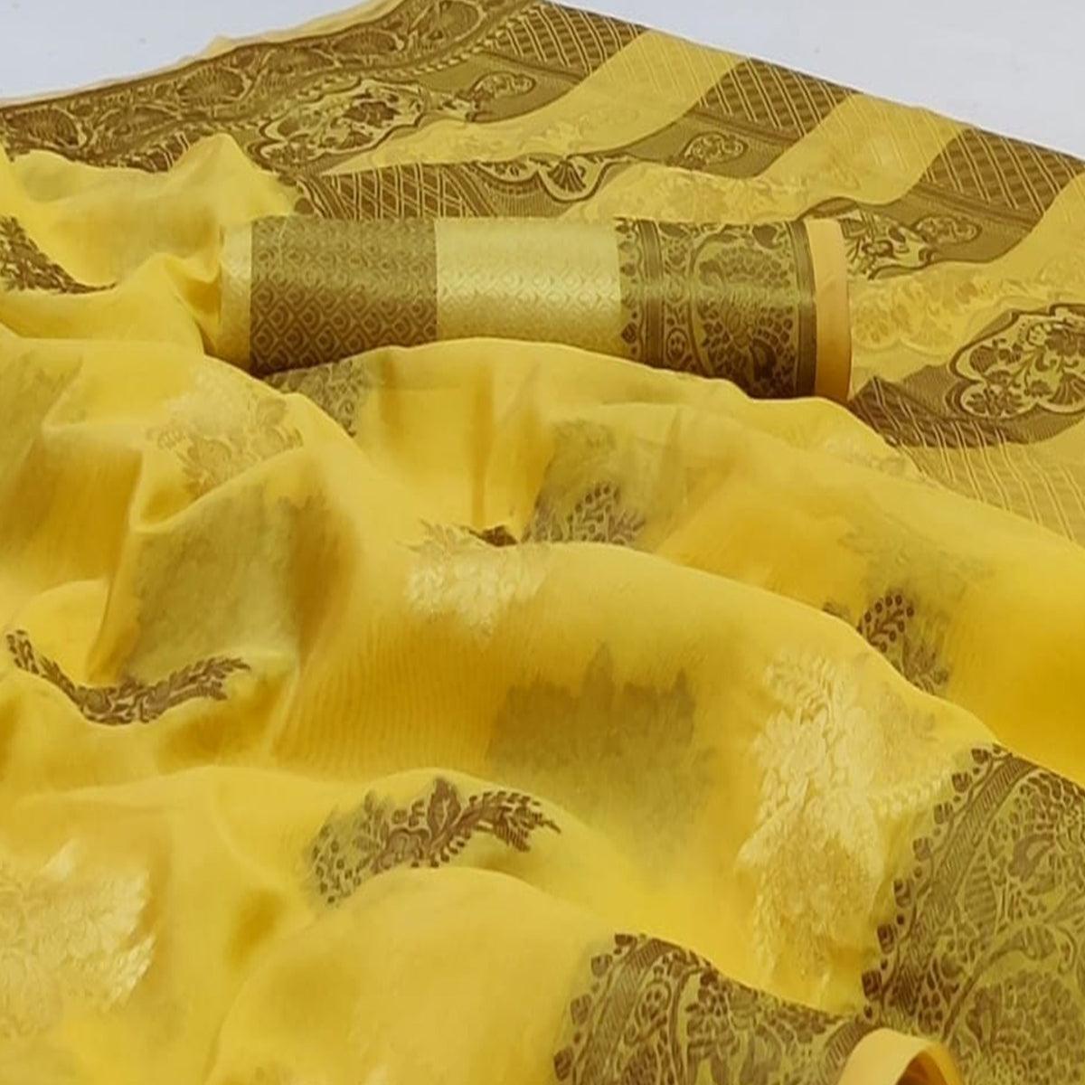 Yellow Festive Wear Woven Soft Organza Saree - Peachmode
