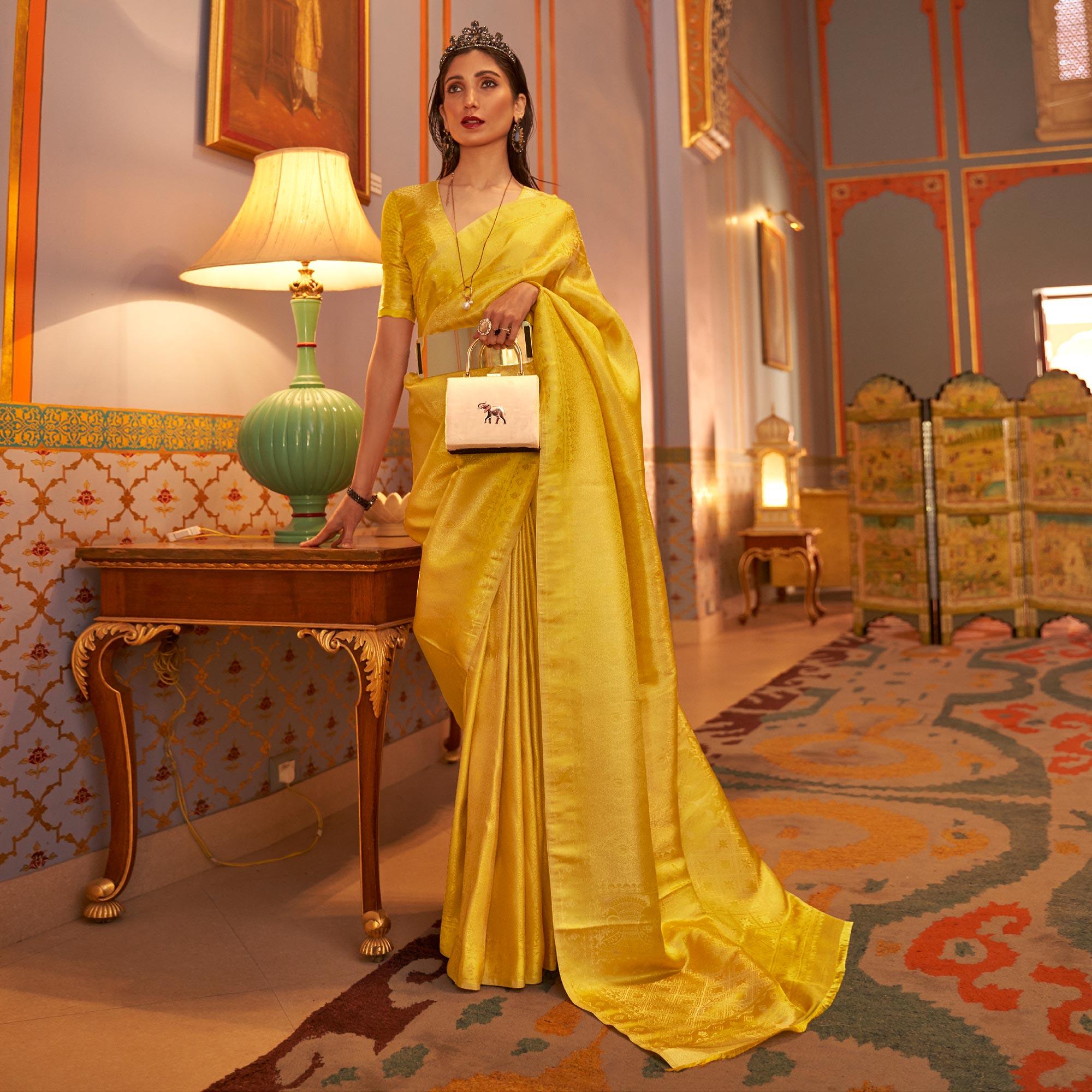 Yellow Festive Wear Woven Two Tone Satin Silk Saree - Peachmode