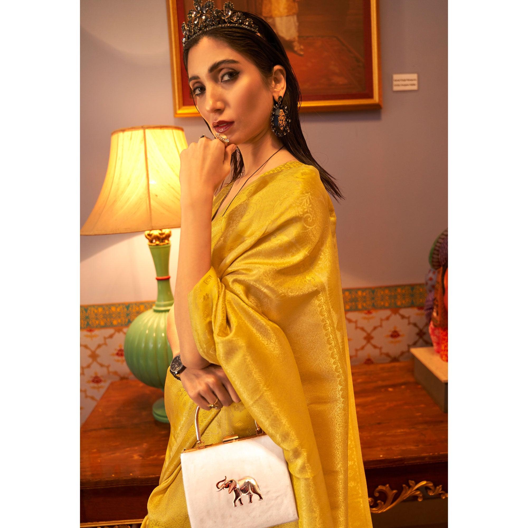 Yellow Festive Wear Woven Two Tone Satin Silk Saree - Peachmode