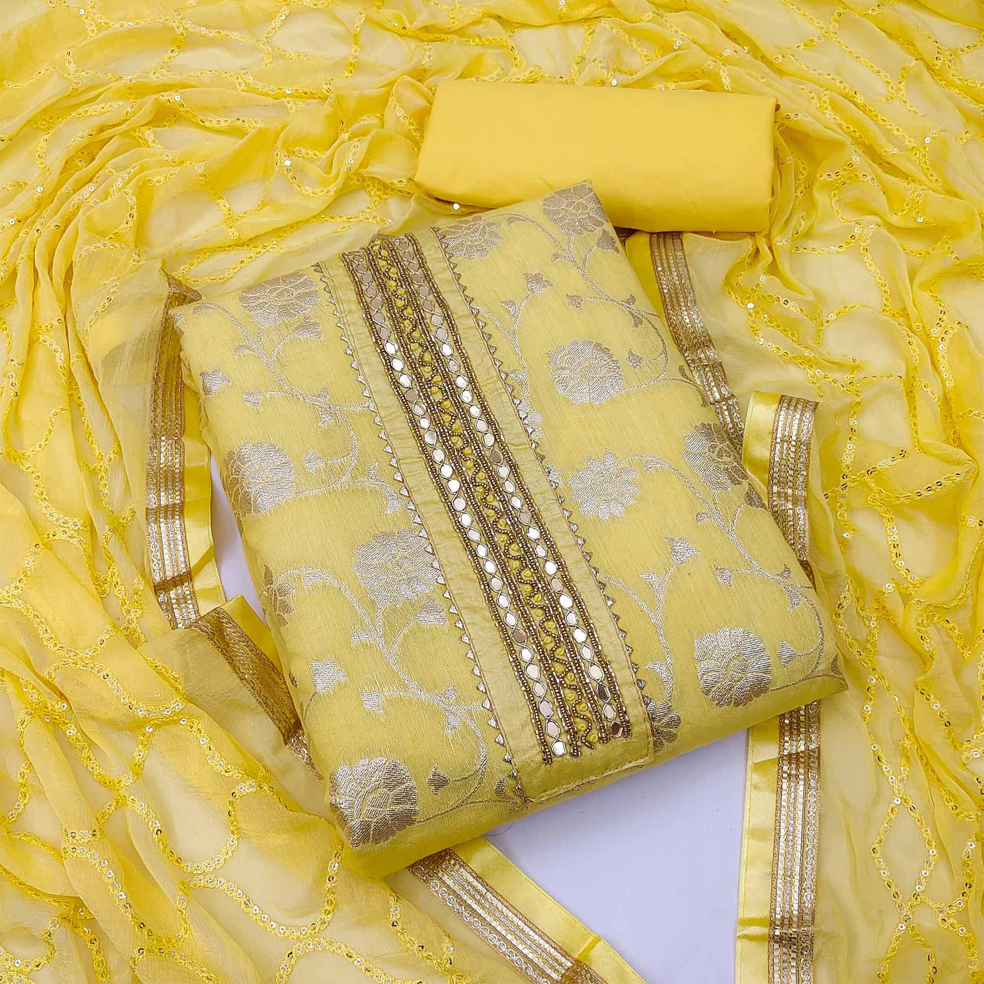 Yellow Festive Wear Woven With Embellished Jacquard Dress Material - Peachmode