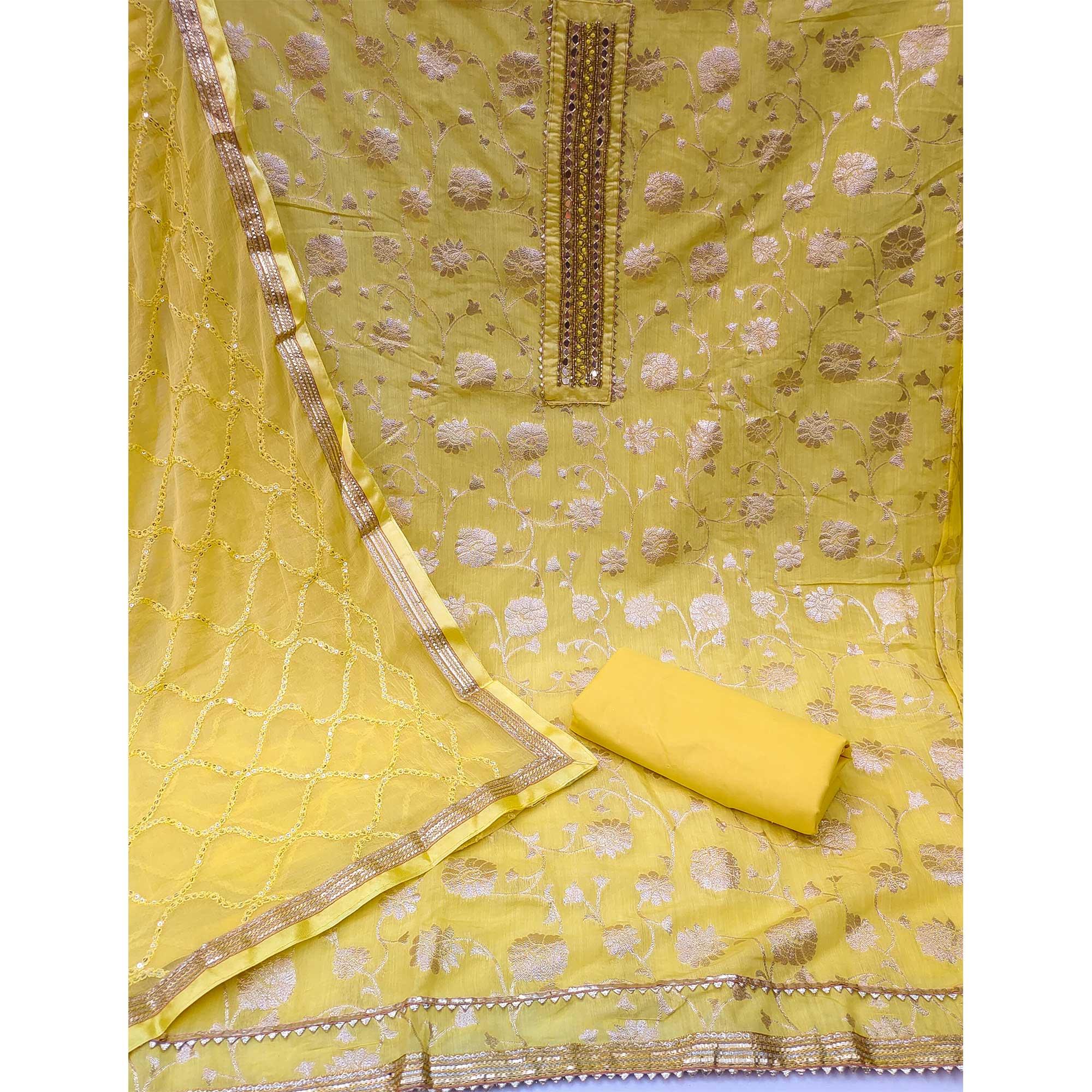Yellow Festive Wear Woven With Embellished Jacquard Dress Material - Peachmode