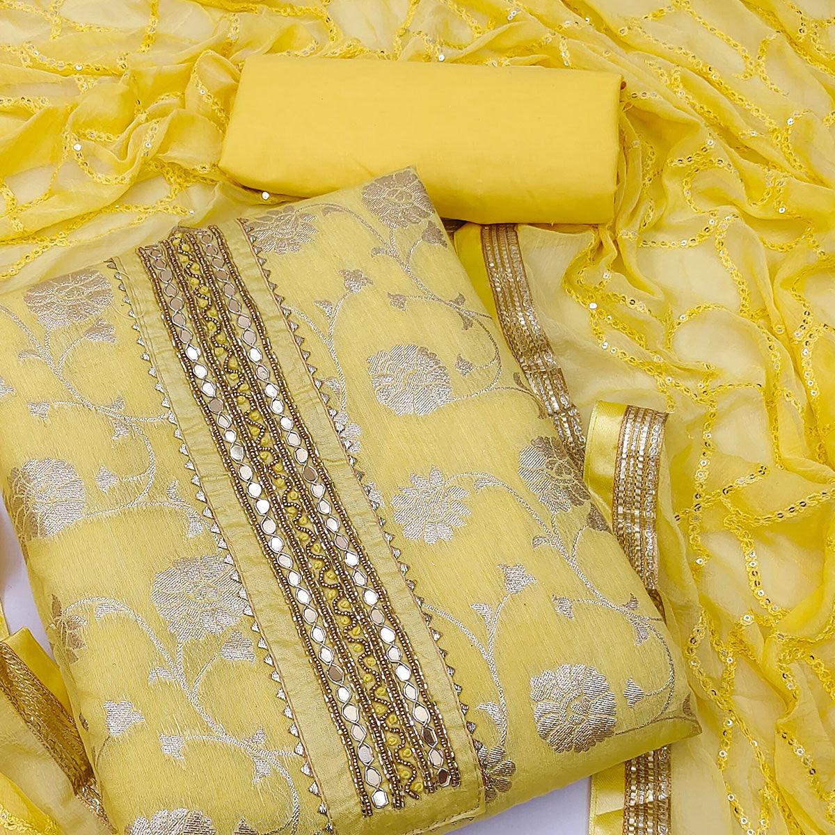 Yellow Festive Wear Woven With Embellished Jacquard Dress Material - Peachmode