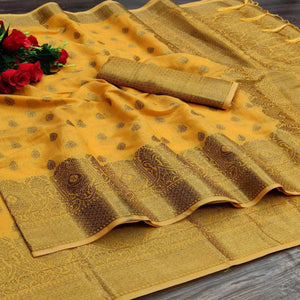 Yellow Festive Wear Woven With Meena Butta Rich Pallu Cotton Saree - Peachmode