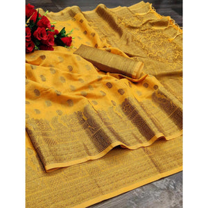 Yellow Festive Wear Woven With Meena Butta Rich Pallu Cotton Saree - Peachmode