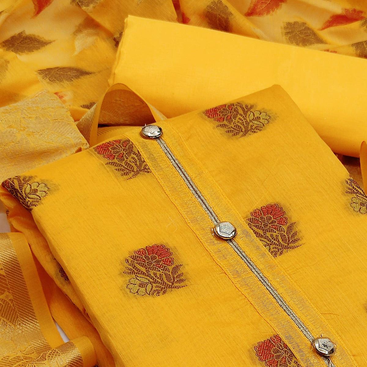 Yellow Festive Wear Woven Work Banarasi Jacquard Dress Material - Peachmode