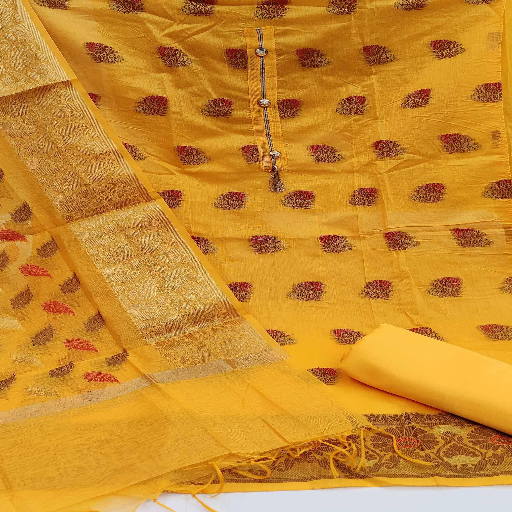 Yellow Festive Wear Woven Work Banarasi Jacquard Dress Material - Peachmode
