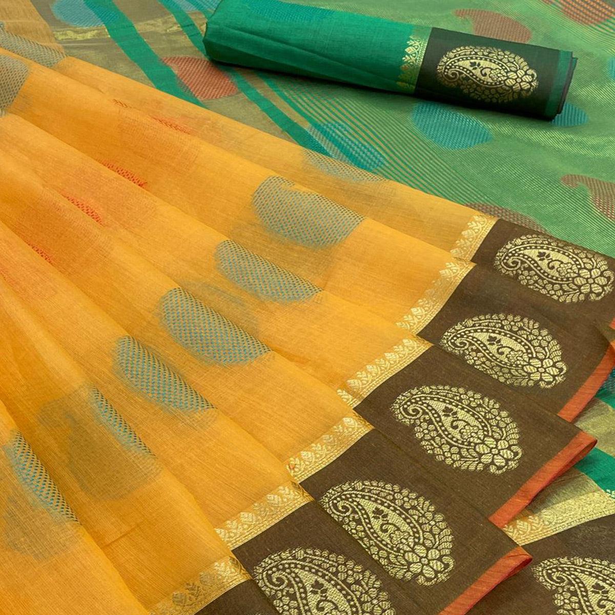 Yellow Festive Wear Zari Woven Soft Cotton Silk Saree - Peachmode