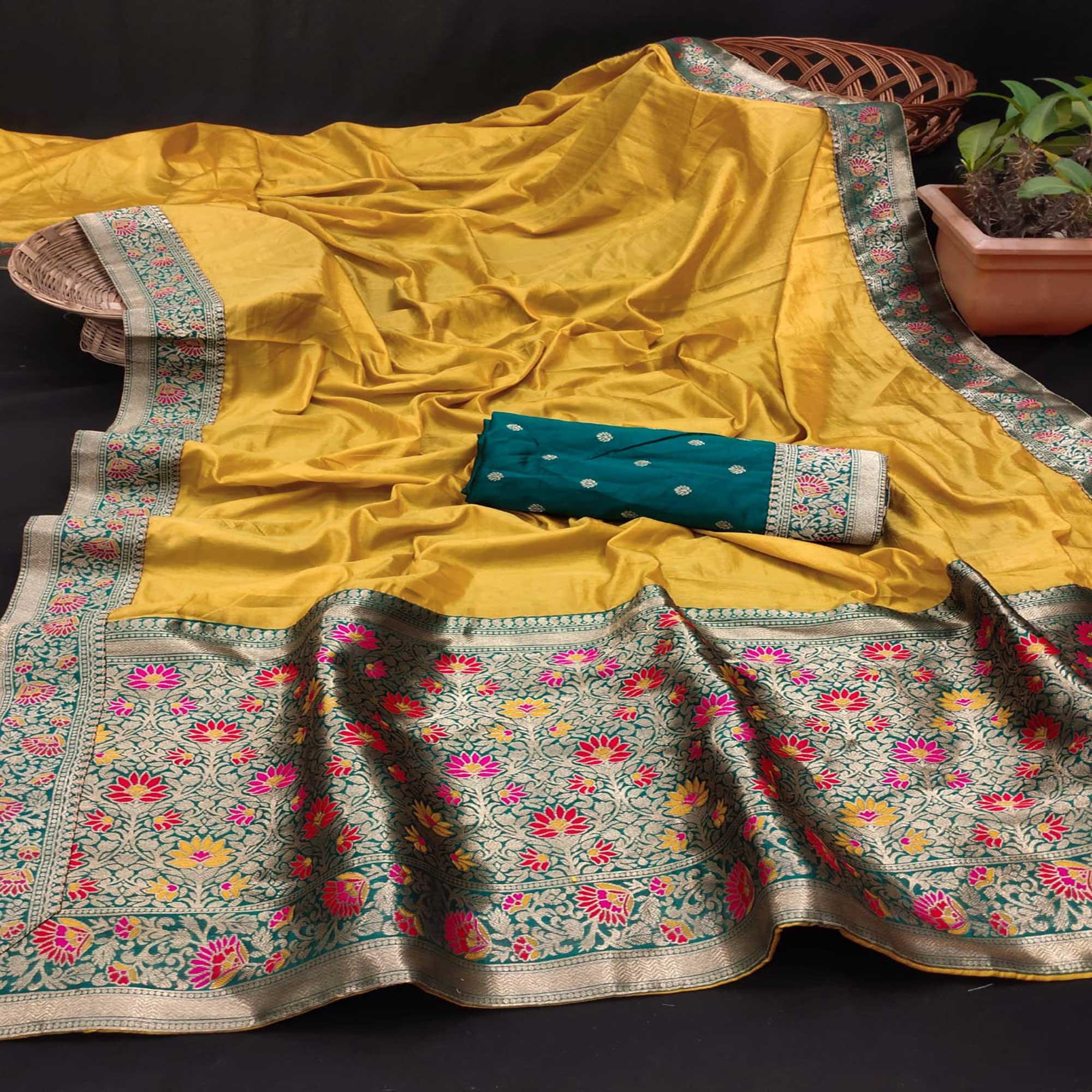 Yellow Festive Wear Zari Woven With Jacquard Lace & Pallu Sana Silk Saree - Peachmode