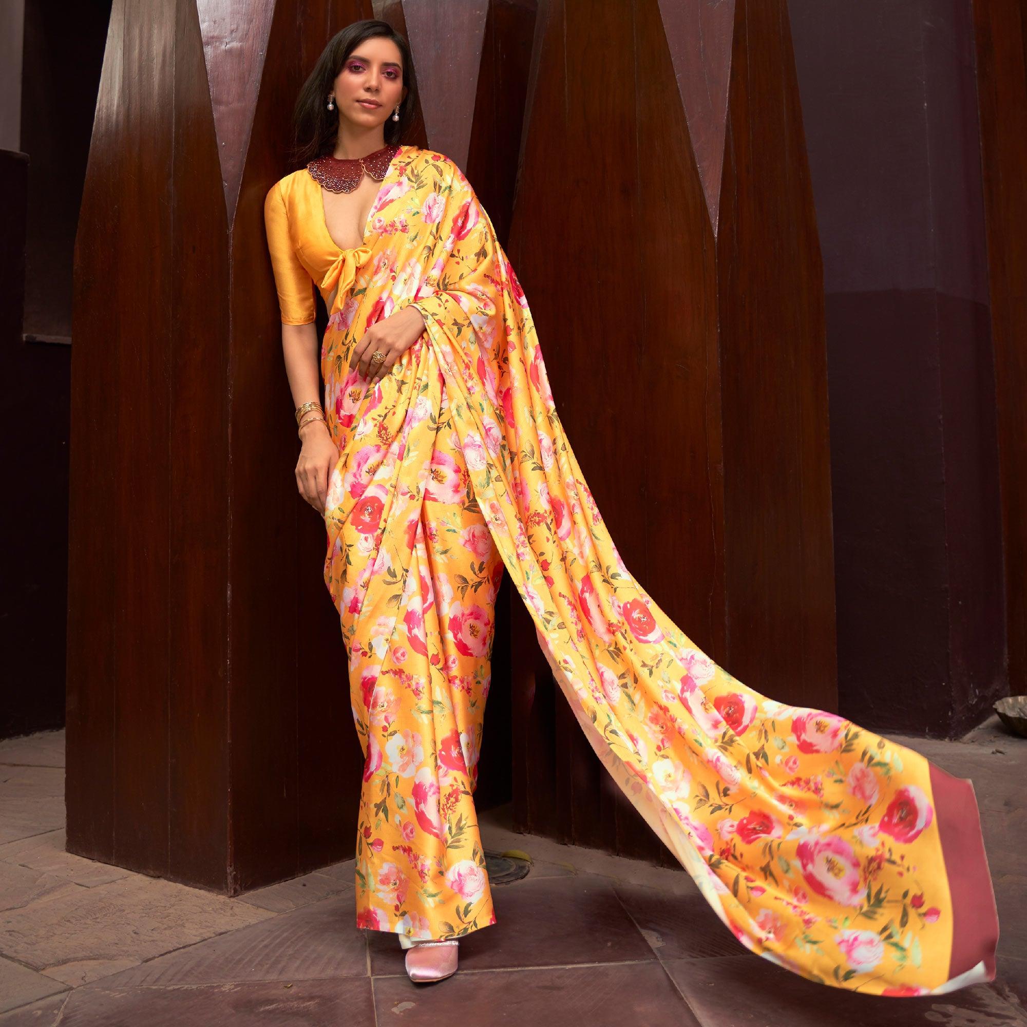Yellow Floral Digital Printed Satin Saree - Peachmode