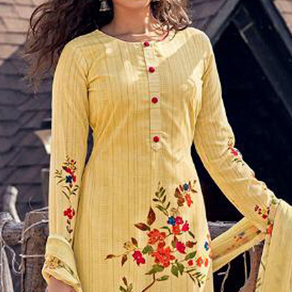 Yellow Floral Digital Printed With Handwork Cambric Cotton Partywear Suit - Peachmode