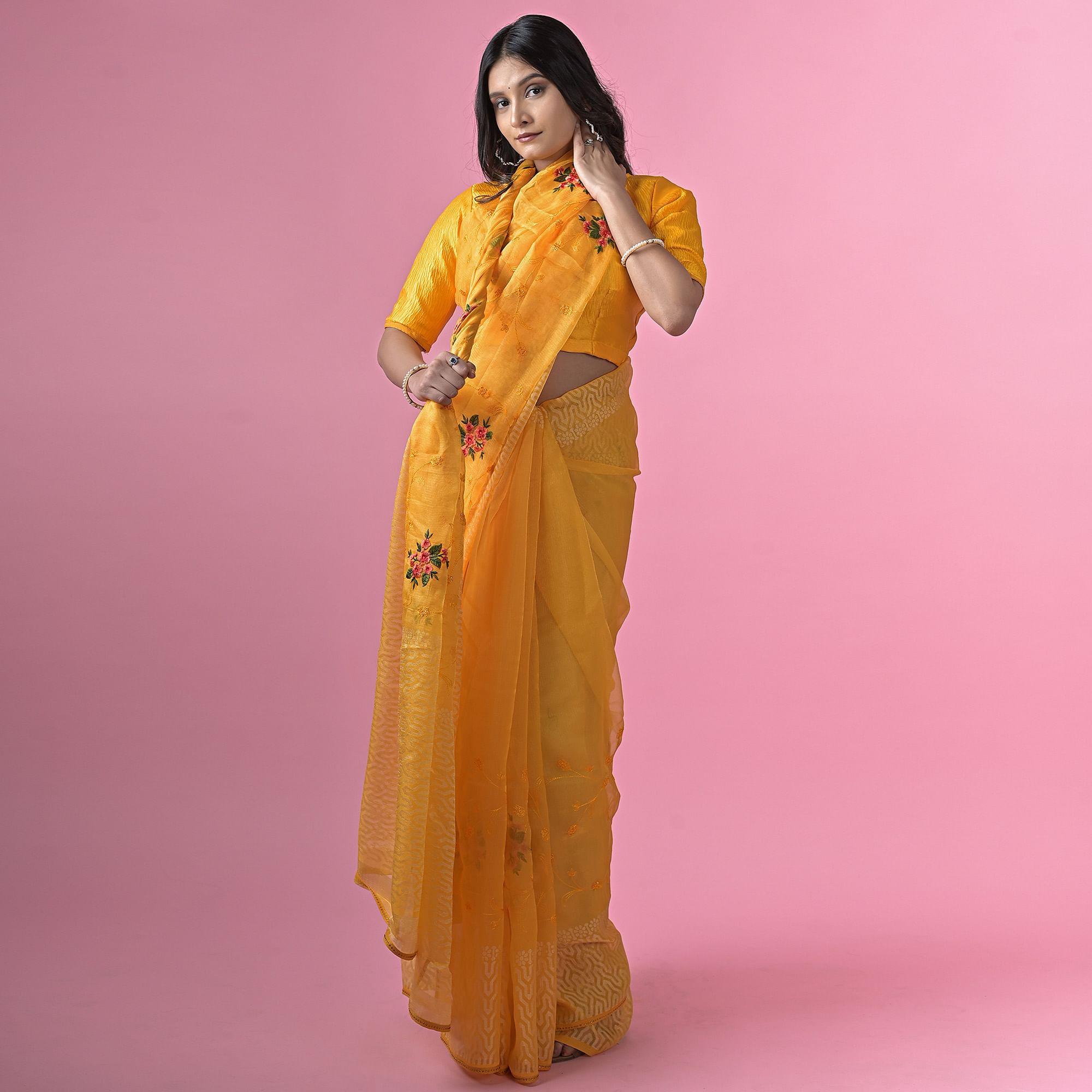 Yellow Floral Embroidered Brasso Saree - Peachmode