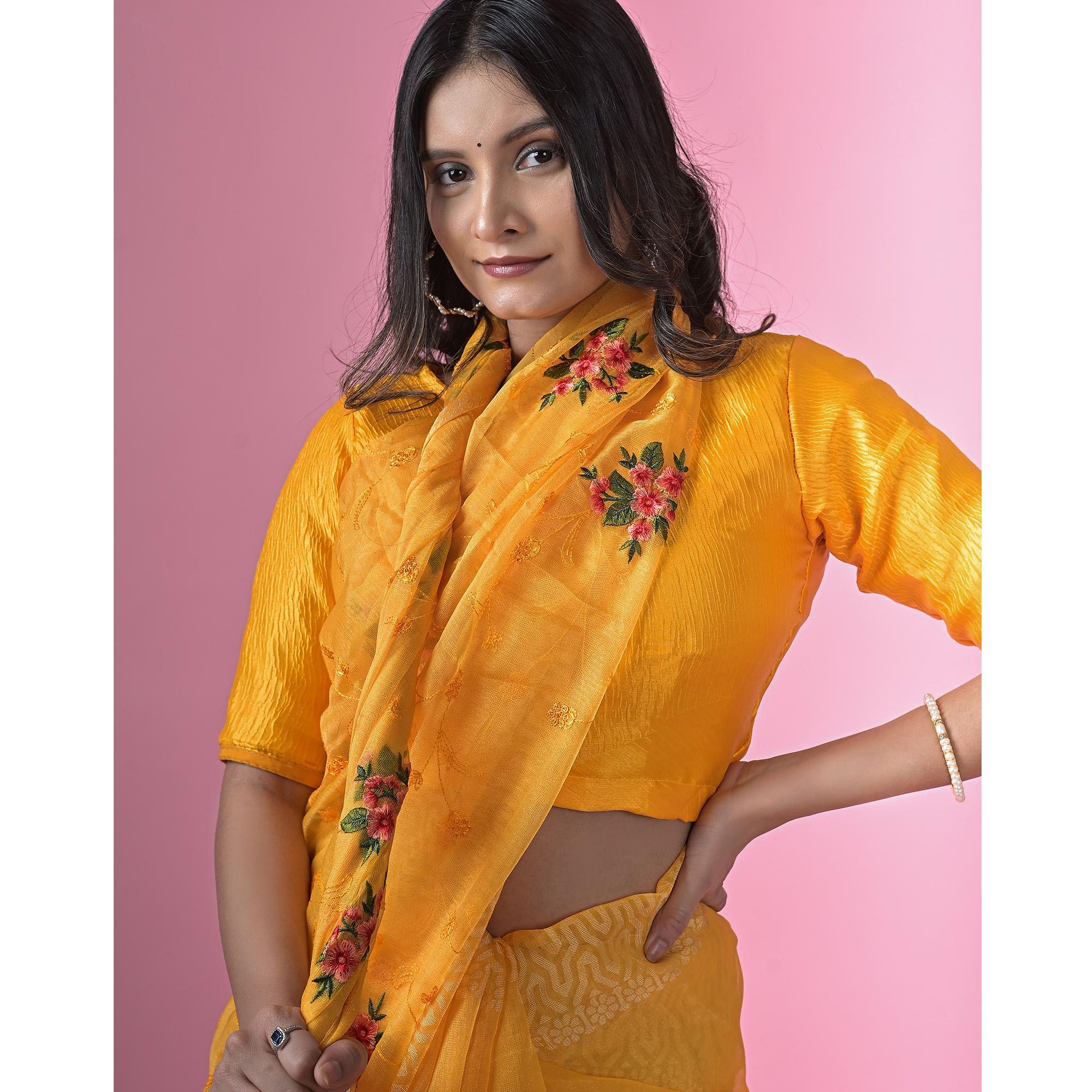 Yellow Floral Embroidered Brasso Saree - Peachmode