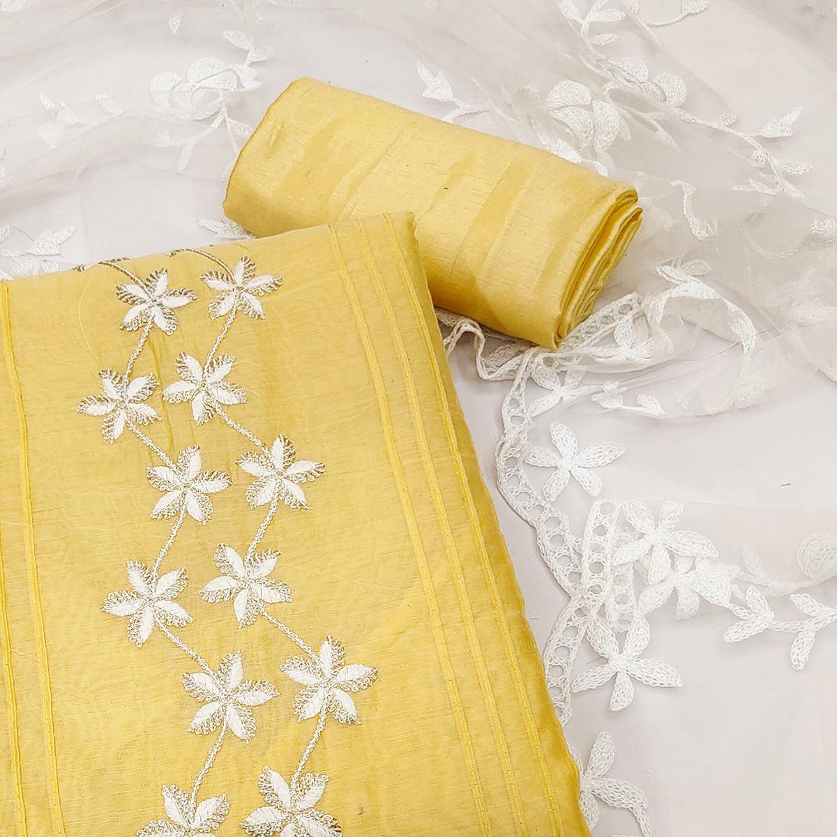 Yellow Floral Embroidered Chanderi Dress Material - Peachmode