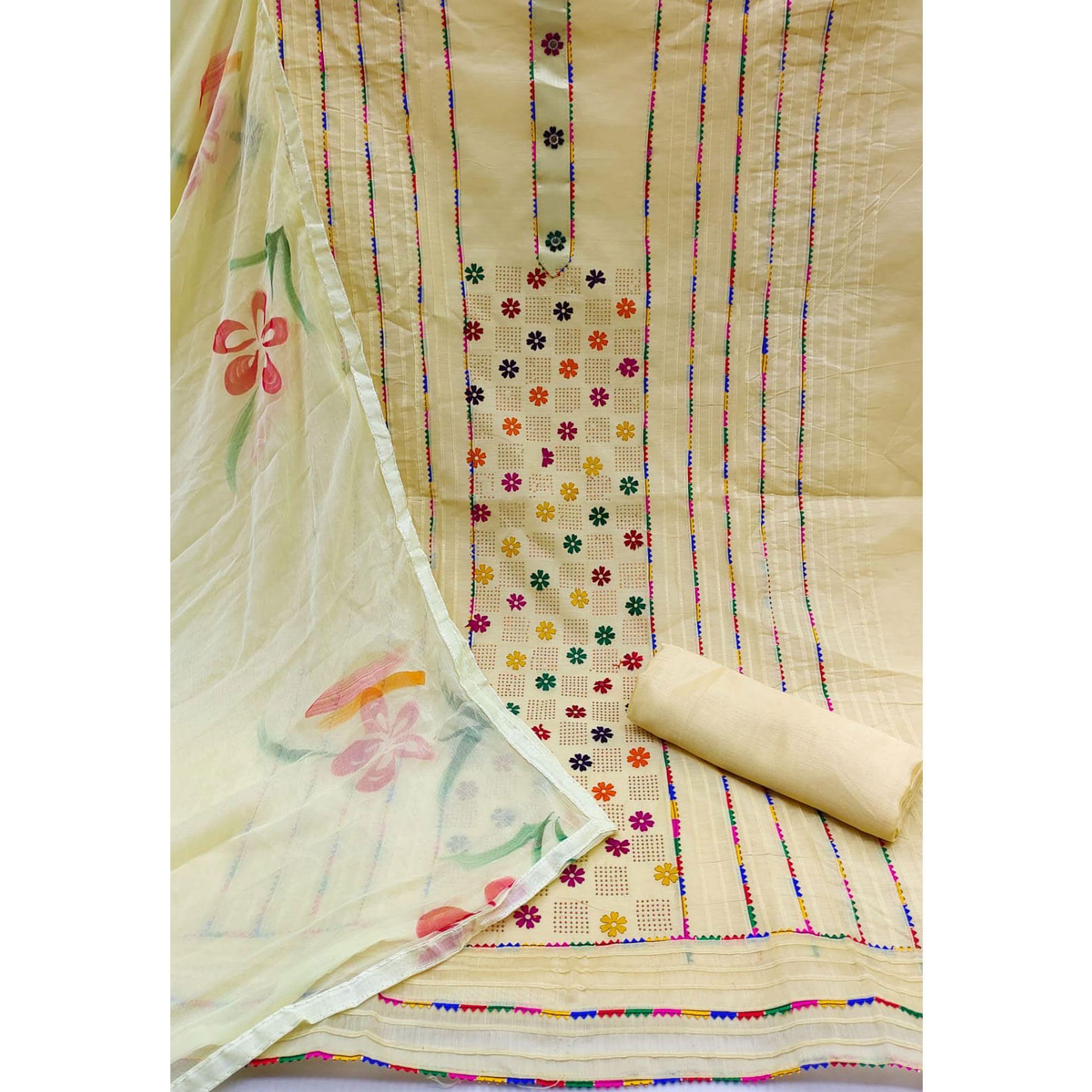 Yellow Floral Embroidered Chanderi Dress Material - Peachmode