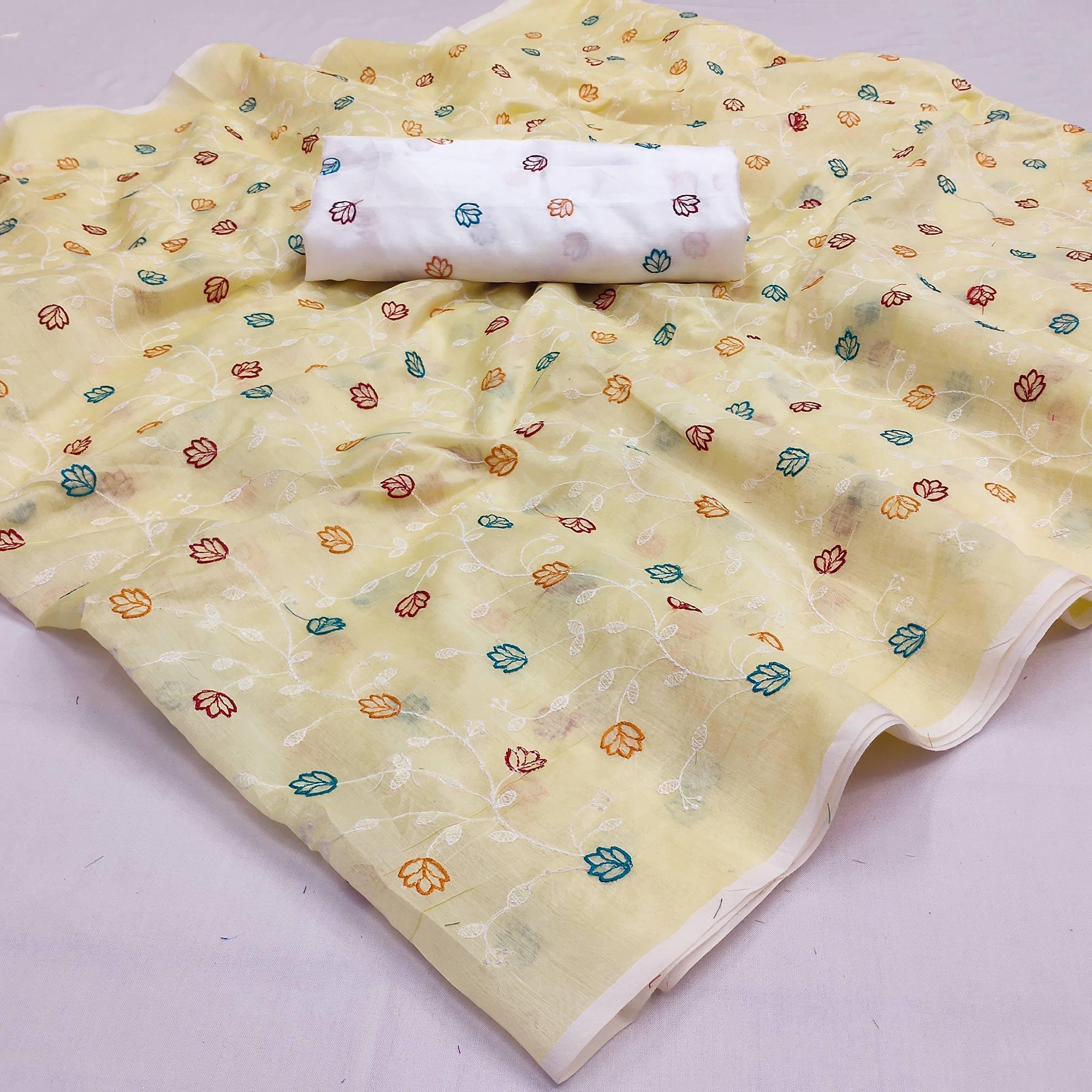 Yellow Floral Embroidered Chanderi Saree - Peachmode