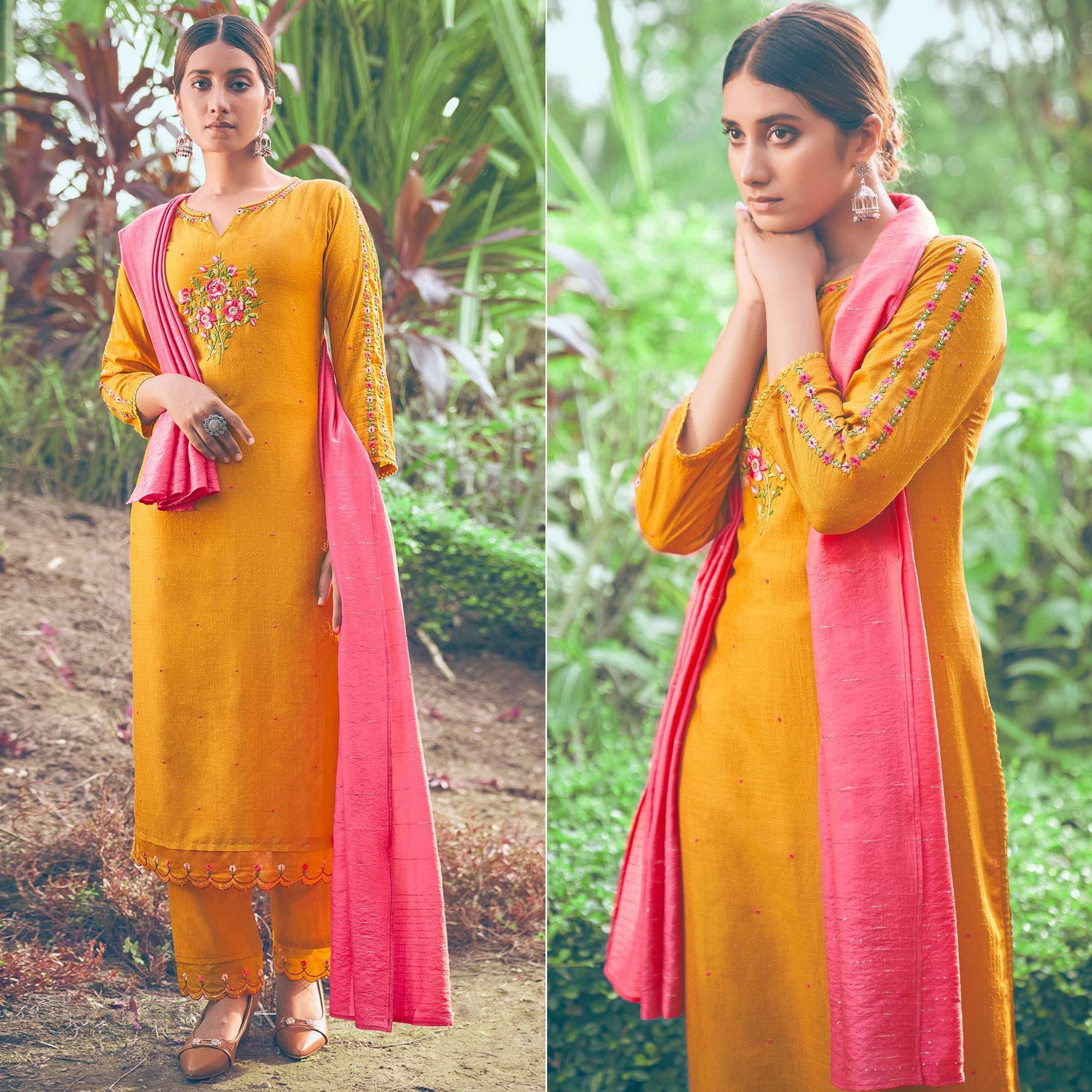 Yellow Floral Embroidered Chiffon Kurti Pant Set with Dupatta - Peachmode