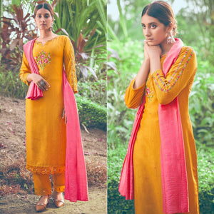 Yellow Floral Embroidered Chiffon Kurti Pant Set with Dupatta - Peachmode
