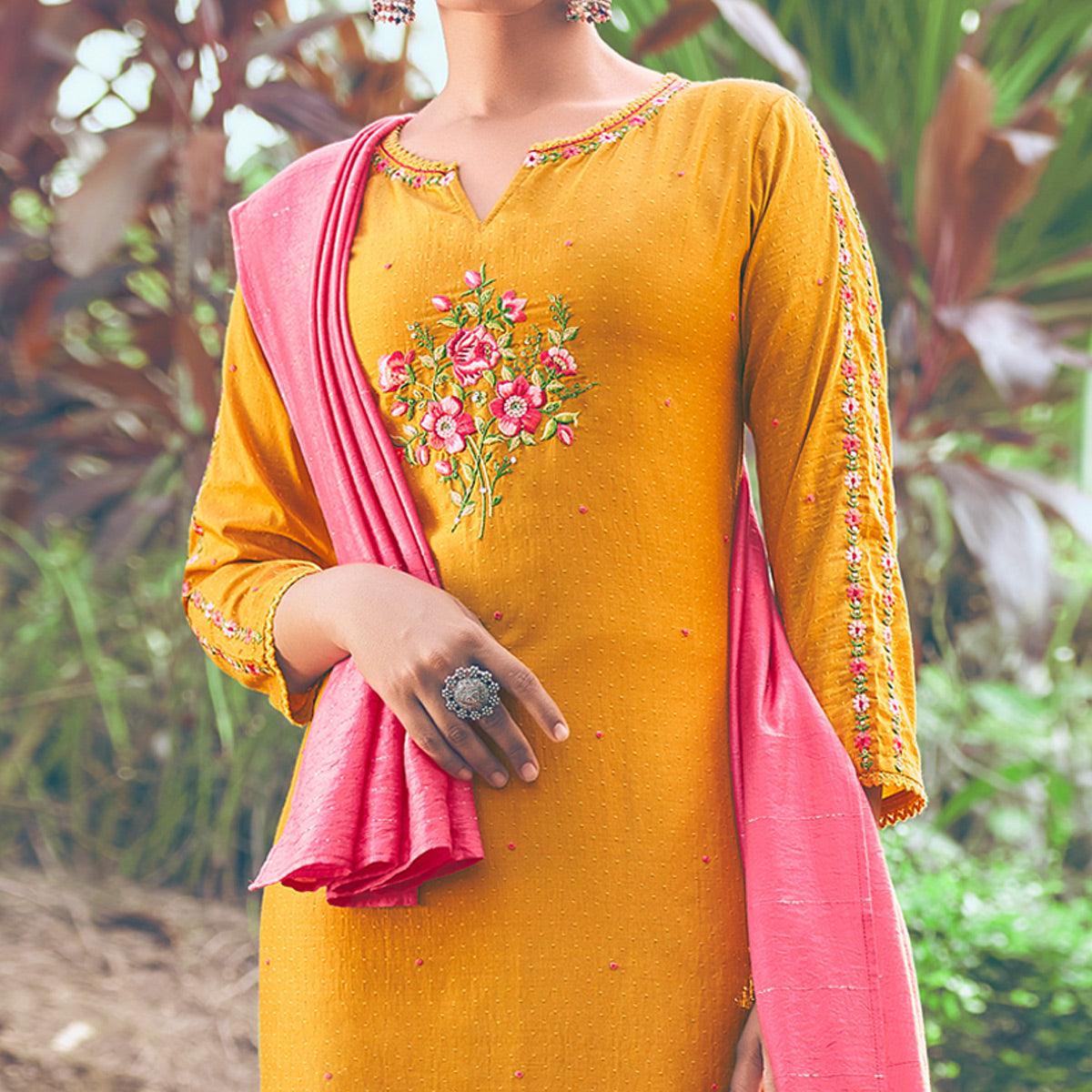 Yellow Floral Embroidered Chiffon Kurti Pant Set with Dupatta - Peachmode