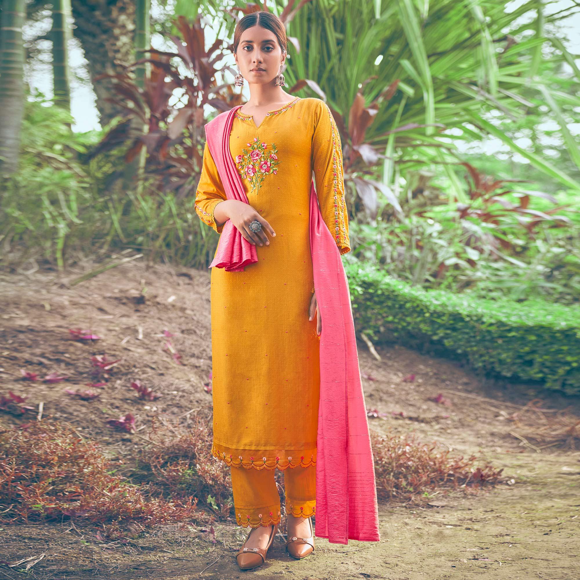 Yellow Floral Embroidered Chiffon Kurti Pant Set with Dupatta - Peachmode