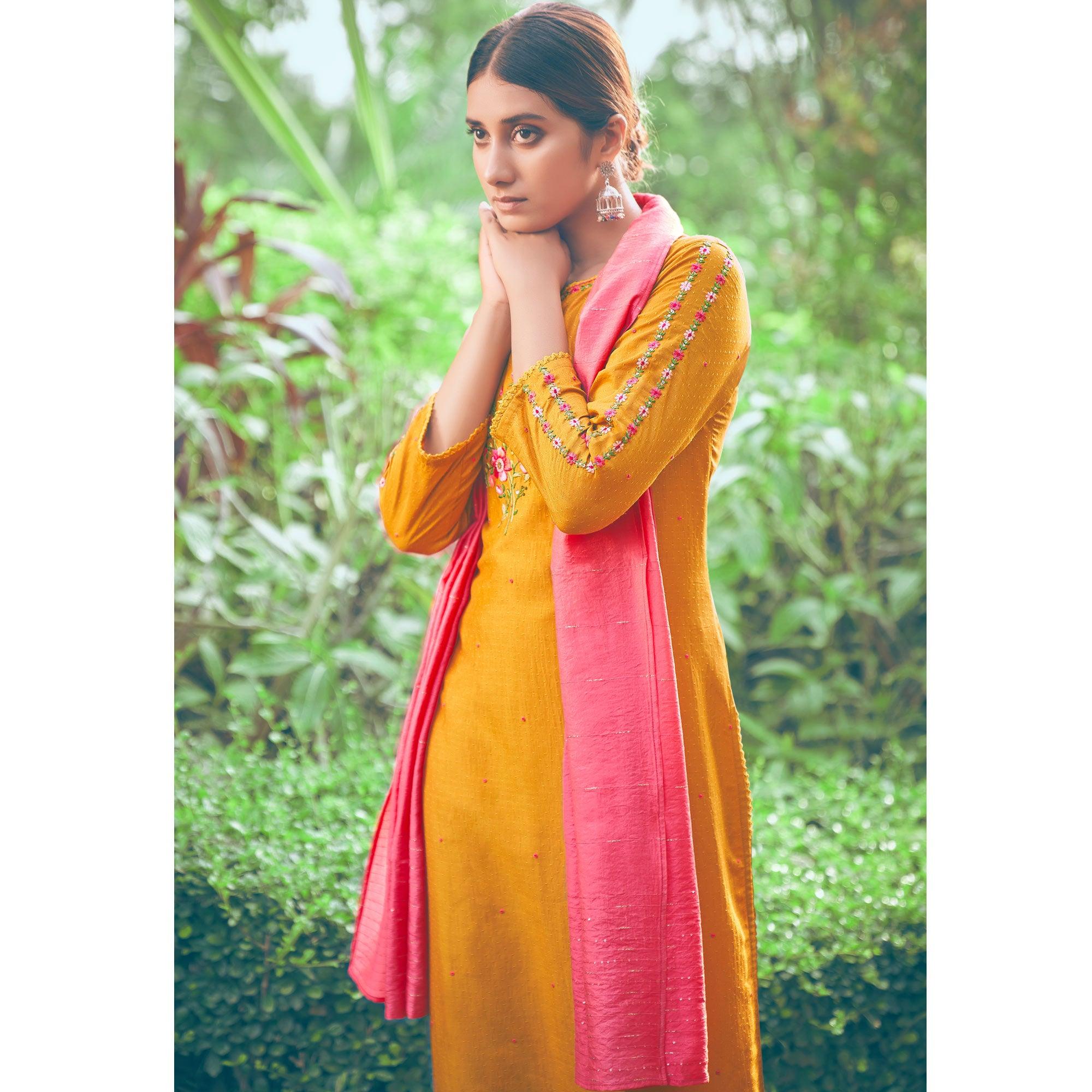 Yellow Floral Embroidered Chiffon Kurti Pant Set with Dupatta - Peachmode
