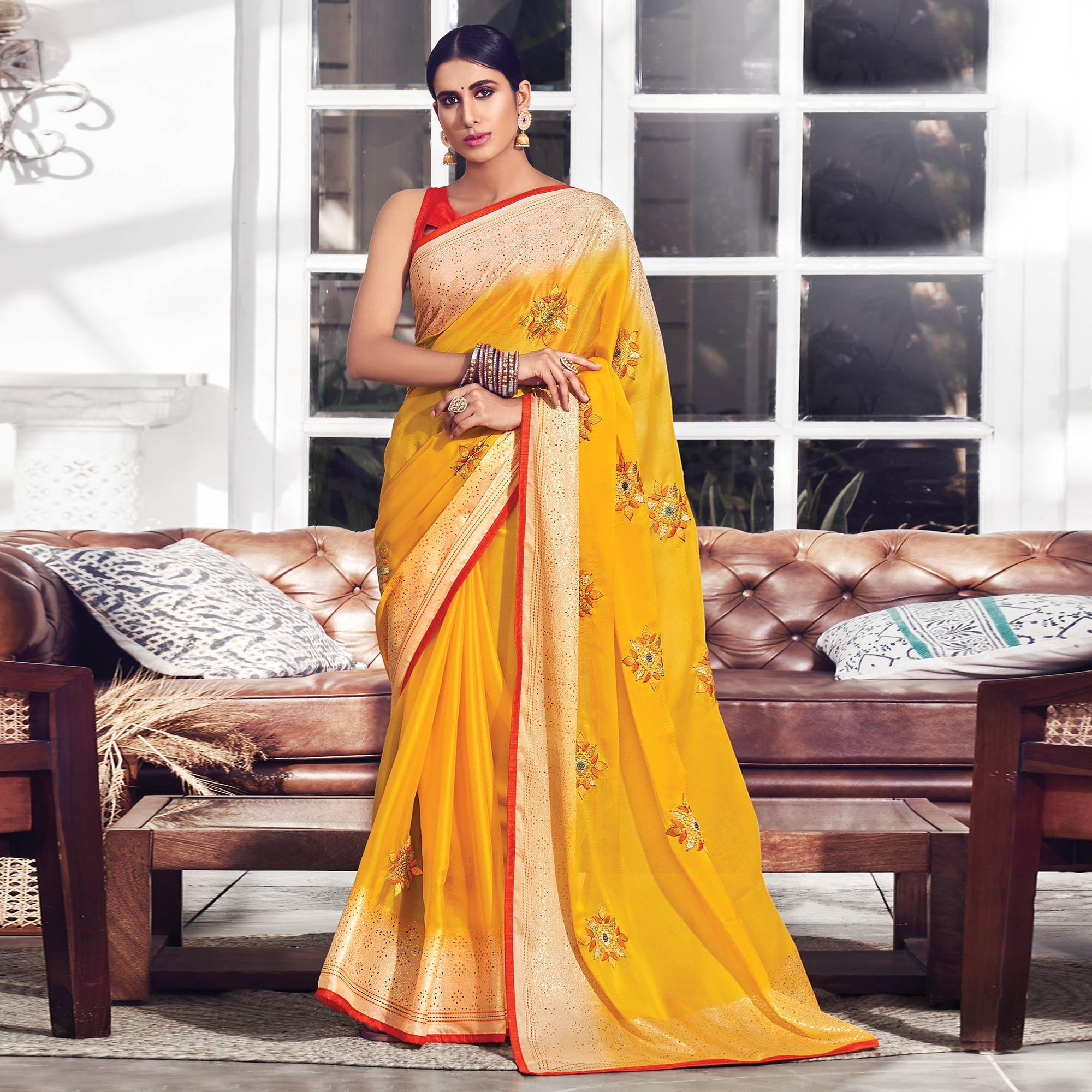 Yellow Floral Embroidered Chiffon Saree - Peachmode