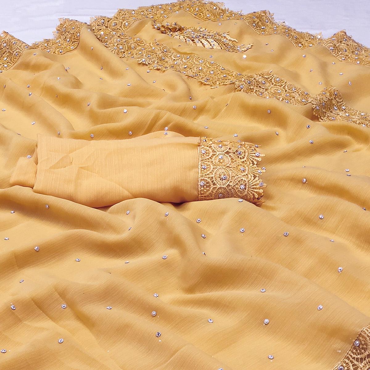 Yellow Floral Embroidered Chiffon Saree - Peachmode