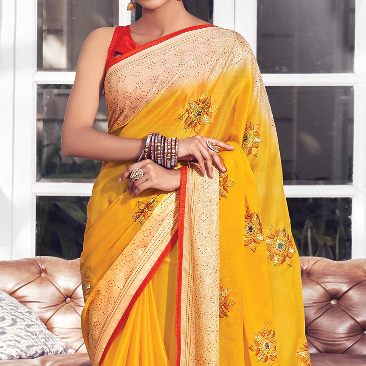 Yellow Floral Embroidered Chiffon Saree - Peachmode