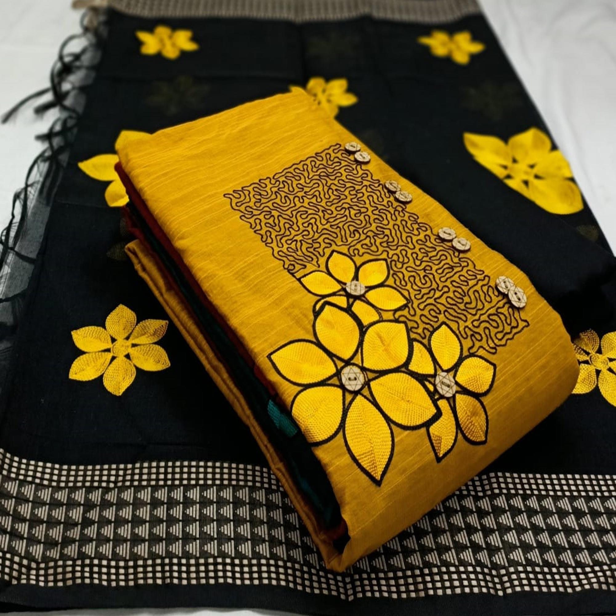 Yellow Floral Embroidered Cotton Blend Dress Material - Peachmode