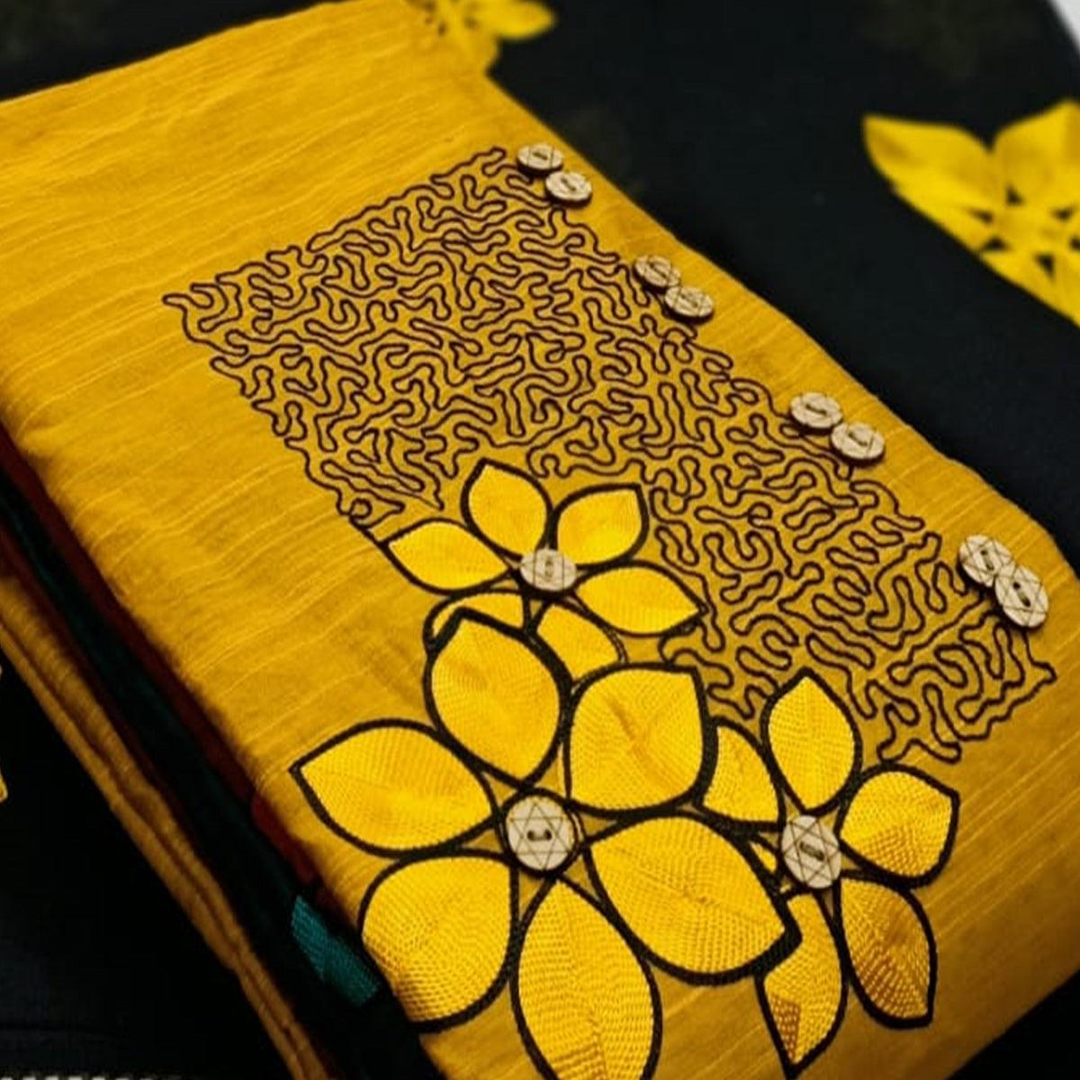 Yellow Floral Embroidered Cotton Blend Dress Material - Peachmode